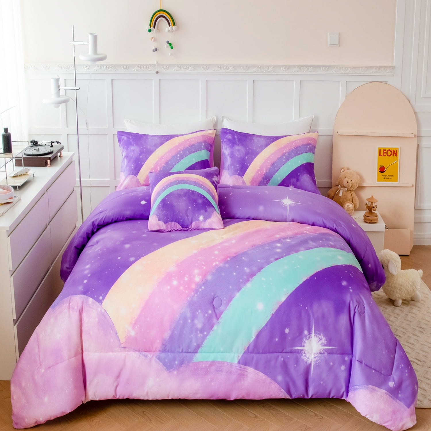 URBONUR Rainbow Full Size Comforter Set for Girls, 4 Pieces Purple Galaxy Kids Bedding Sets, Gradient Girls Bed Set with Comforter Pillowcases