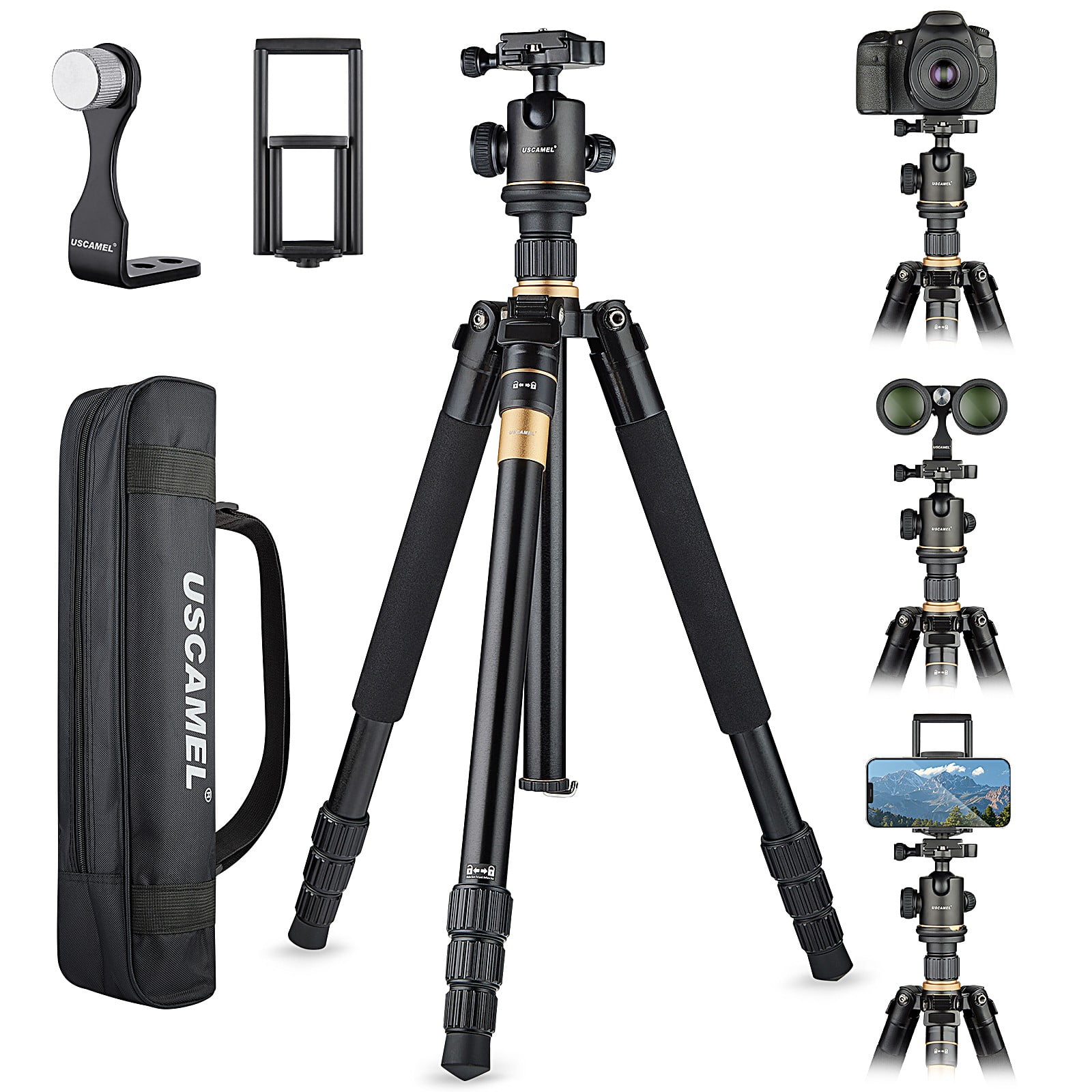 USCAMEL Camera Tripod, Pro Video Tripods for Camera DSLR Adjustable 63" Monopod, Foldable Outdoor Shooting Tripod Travel Photography 360° Ball Head
