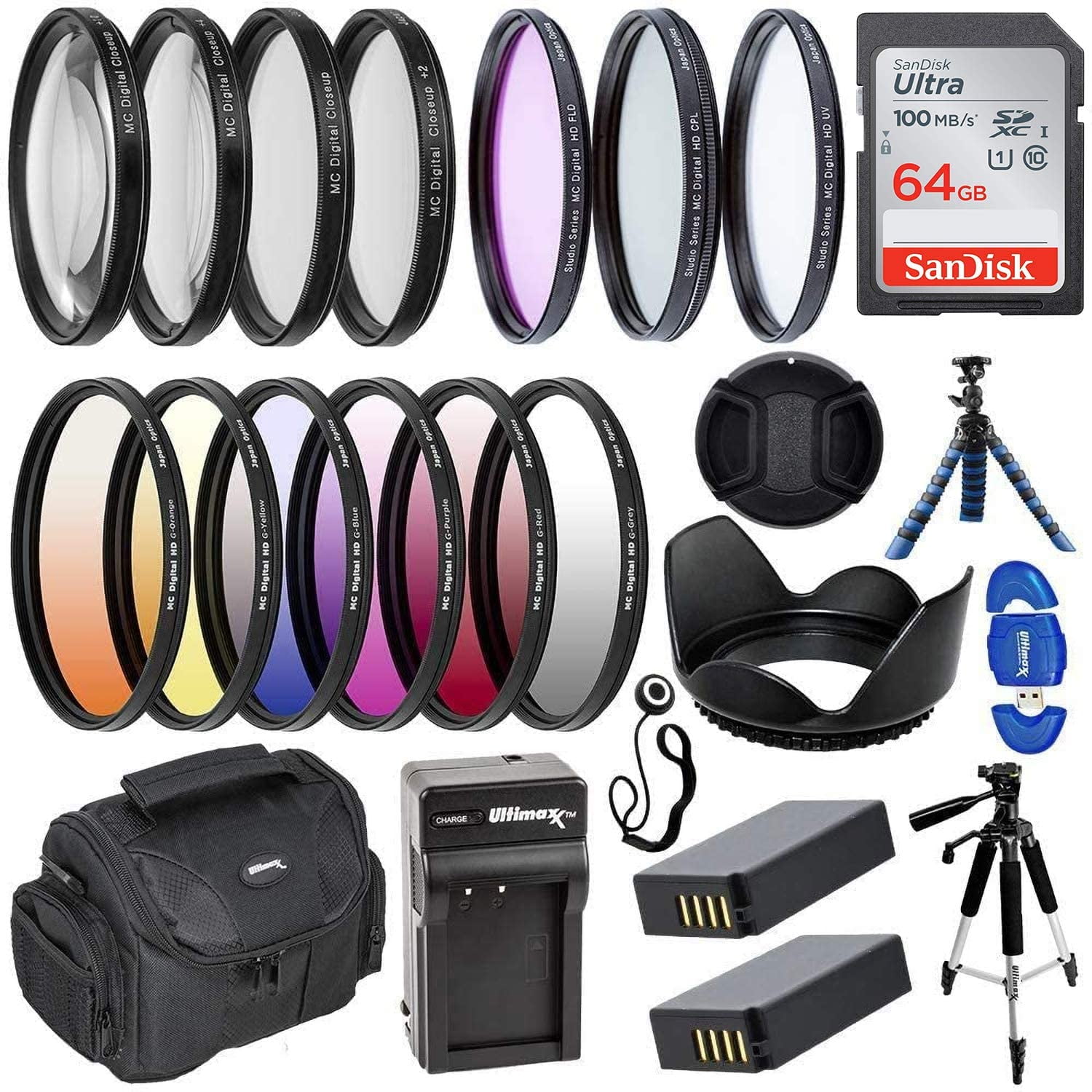 Ultimaxx Professional Nikon P1000 Accessory Bundle Including: SanDisk Ultra 64GB Memory Card, 2x Replacement ENEL20 Battery, 77mm 4PC Macro Close-Up Set, 57” Dynamic Tripod, Deluxe Gadget Bag & More