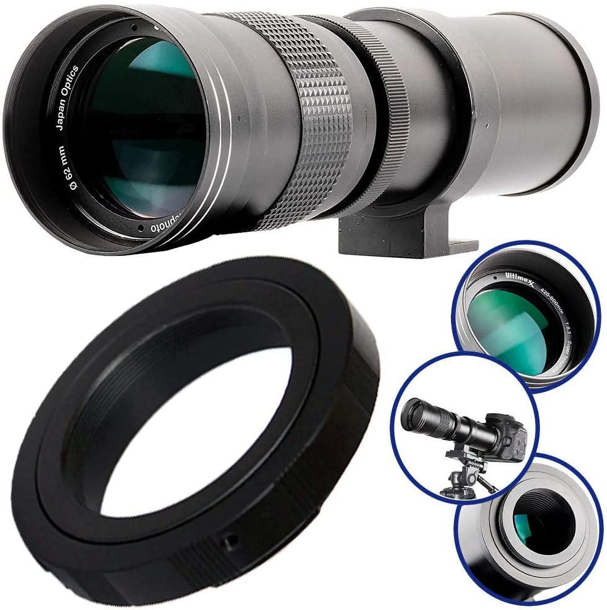 Ultimaxx 420-800mm f/8.3-16 Super HD Manual Telephoto Zoom T-Mount Lens Kit for Nikon D7500, D500, D600, D610, D700, D750, D800, D810, D850, D3100, D3200, D3300, D3400, D5100, D5200, D5300, D5500