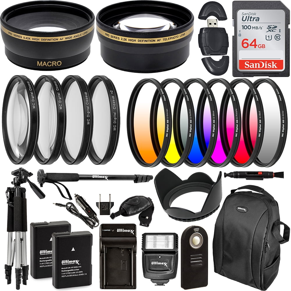 Ultimaxx 55MM Accessory Kit for Nikon D3300, D3400, D5500, D5600, and More - Includes: 2X EN-EL14A Replacement Batteries, Digital HD Filter Kits, Lightweight 57â Tripod, Backpack & MORE