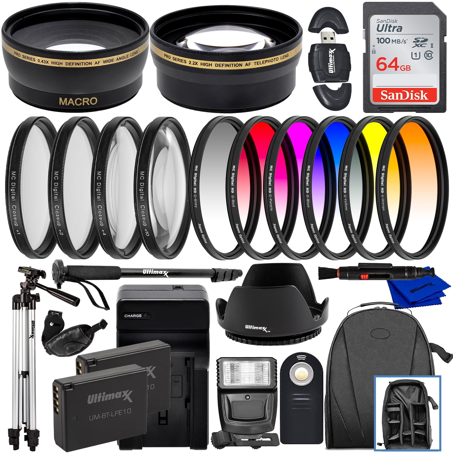Ultimaxx 58MM Accessory Kit for Canon EOS Rebel T7, T6, T5, T3, LC-E10 & More - Includes: 2x LP-E10 Replacement Batteries, Water Resistant Backpack, Professional 2.2x Telephoto Lens Attachment & More
