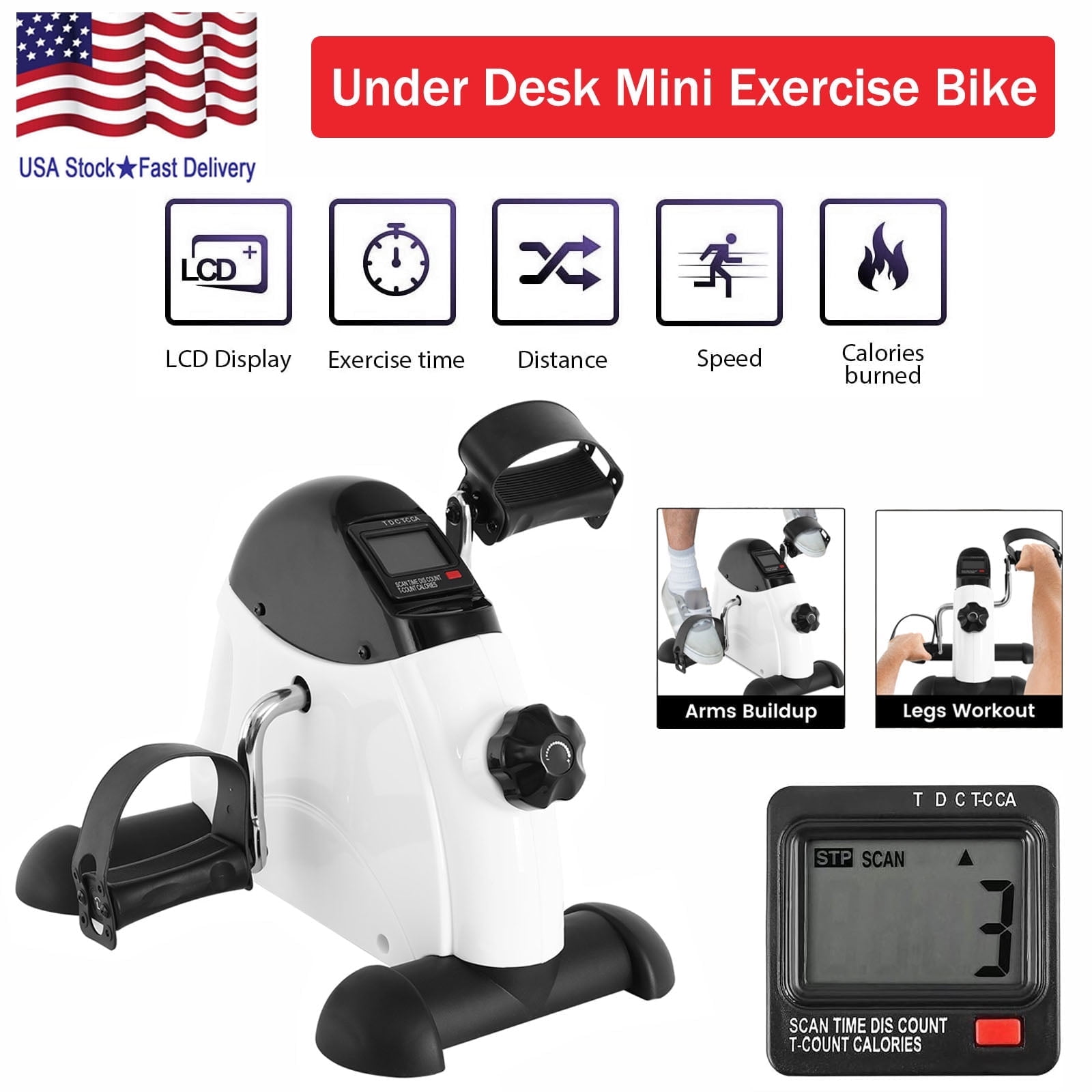 Under Desk Exercise Bike,Stationary Foot Pedal Exerciser,Portable Mini Exercise Bike with LCD Screen Displays for Leg/Arm Fitness and Health,White