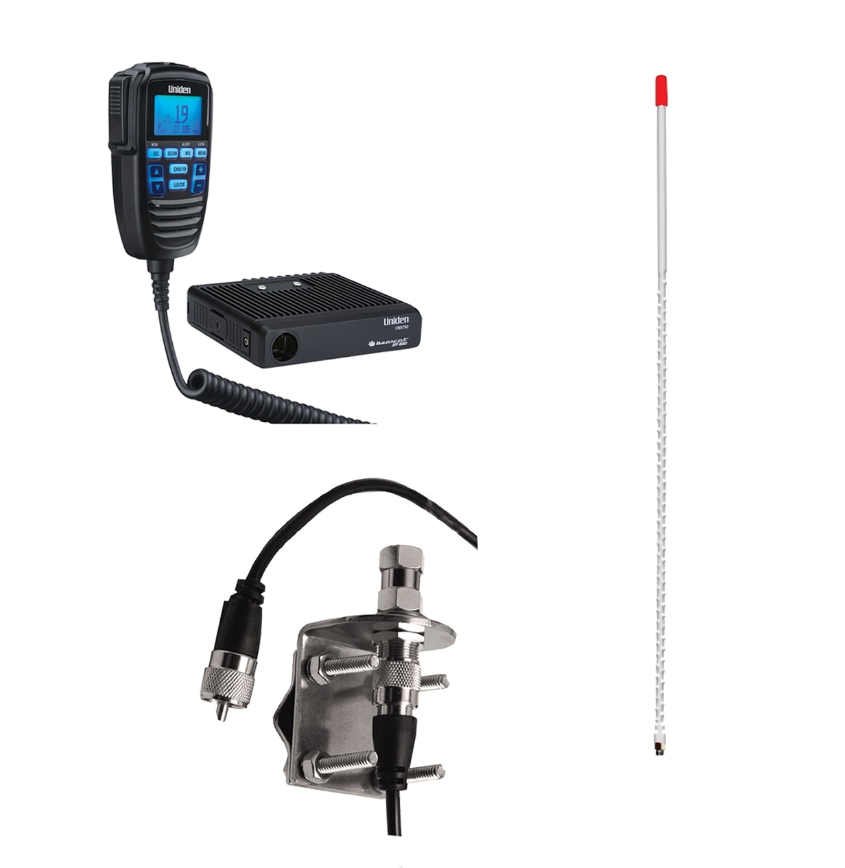 Uniden CMX760 40-CH Off-Road Compact CB Radio, Browning BR-MM-18 Mount Kit & Tram 3-W-HC Fiberglass CB Antenna