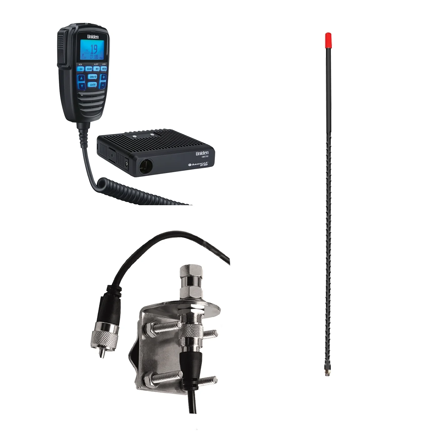 Uniden CMX760 40-CH off-Road Compact CB Radio, Browning BR-MM-18 Mount Kit & Tram 3-B-HC Fiberglass CB Antenna