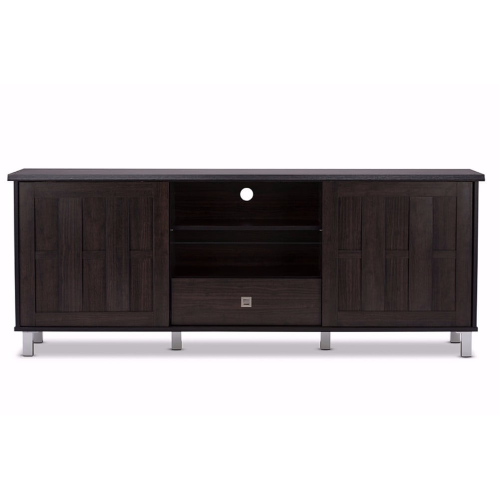 Unna 70-Inch Dark Brown Wood TV Cabinet with 2 Sliding Doors and Drawer