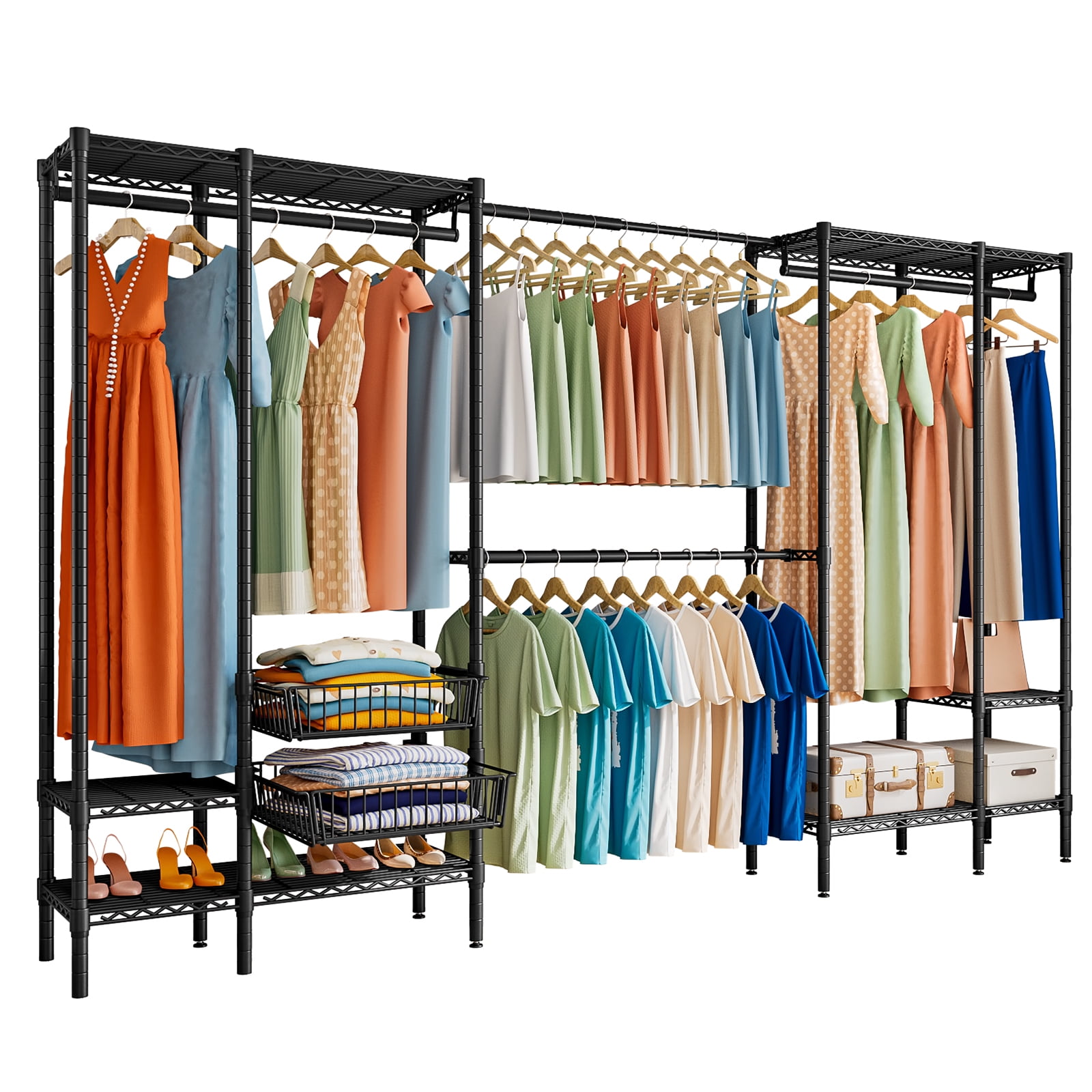 Untyo Clothes Rack Heavy Duty, Metal Clothing Racks for Hanging Clothes, Garment Rack with 4 Hang Rods & 6 Shelves & 2 Pull-Out Storage Baskets, Adjustable Closet Rack