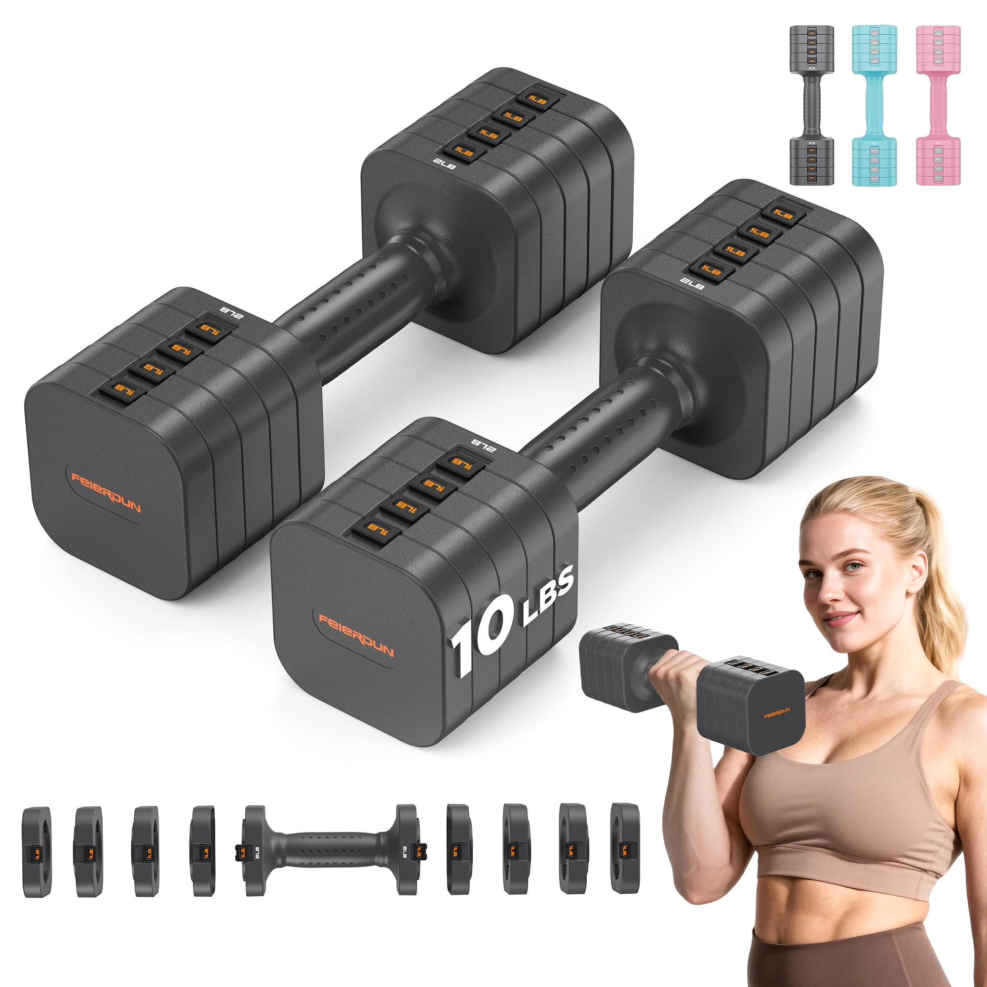5-in-1 Adjustable Dumbbell Set of 2, 20LBS/10LBS Hand Weights for Women, 1s-Adjust Dual-Stable Dumbbell Set for Women