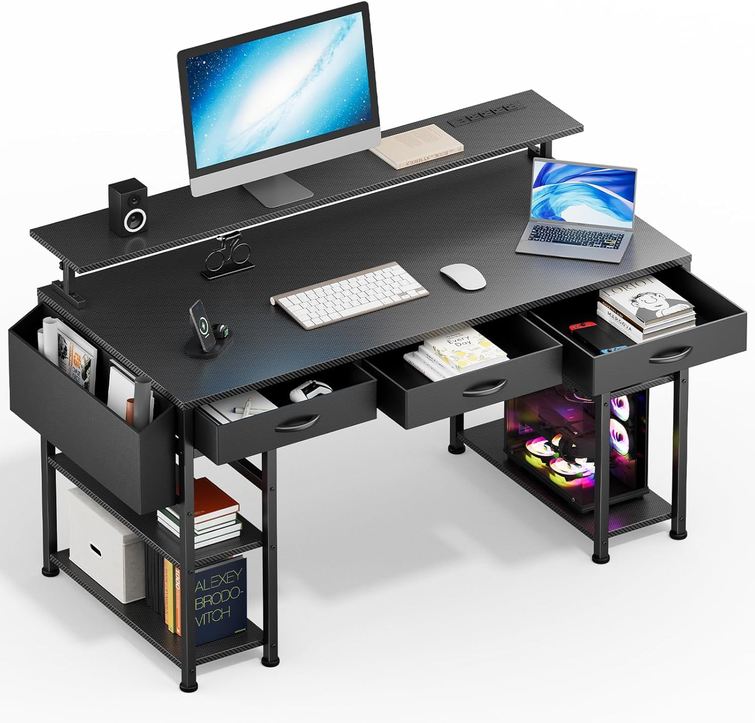 55-Inch Computer Desk with 3 Drawers, Gaming Table with LED Lights and Adjustable Monitor Stand, Work at Home, Modern Work/Write/Study Desk