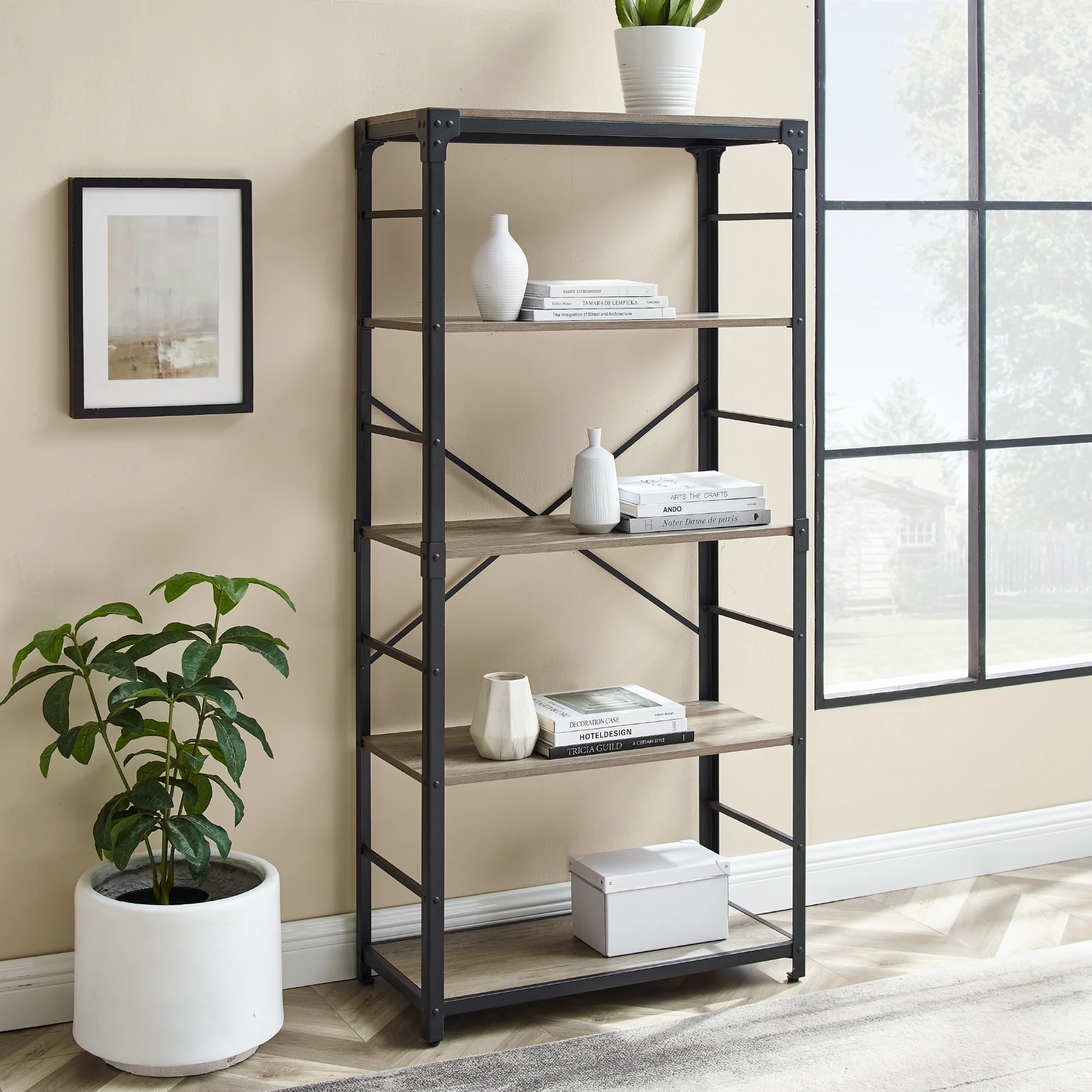 Urban Industrial Angle Iron 4-Shelf Bookcase, Grey Wash