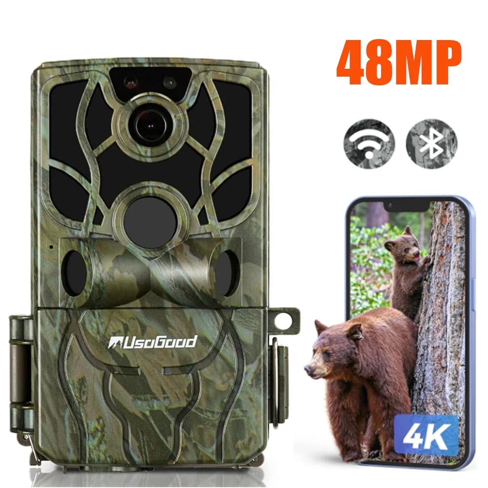 Usogood Trail Camera WiFi 4K 48MP, Game Cameras with Night Vision, IP66 Waterproof Hunting Camera PIR Range, Trail Cam for Outdoor Wildlife Deer Camera