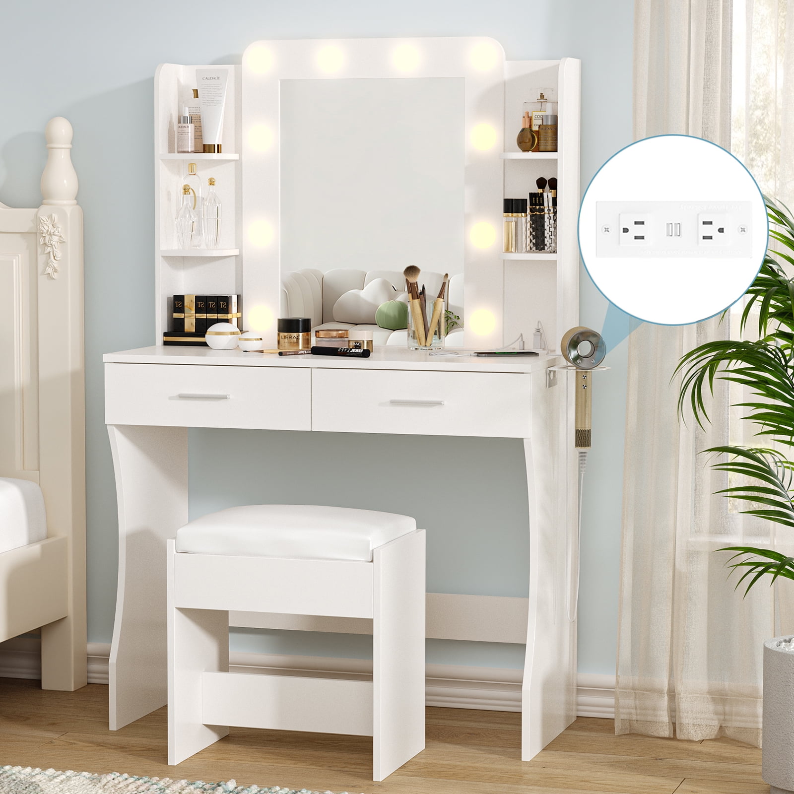 Vabches Vanity Set with Mirror and Lights & Power Outlet Makeup Vanity with 2 Drawers& 6 Shelves, White