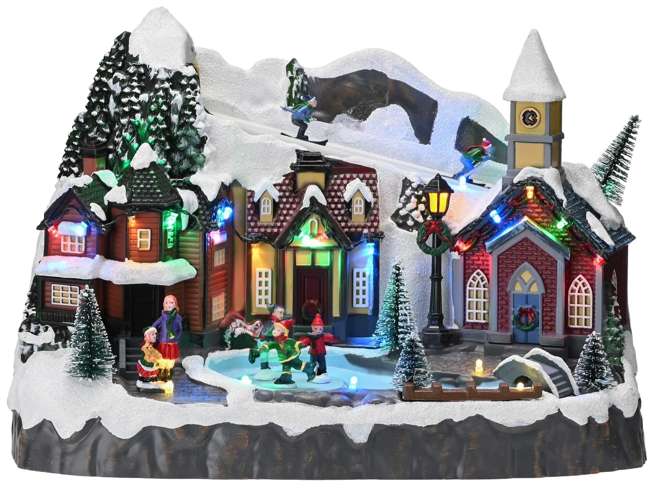 Valery Madelyn 13.3 inches Dynamic Christmas Village, Multi-color Lighted Sledding Down Hill Large Snow Skating Pond Musical Christmas Decoration for Holiday Table Top Decoration