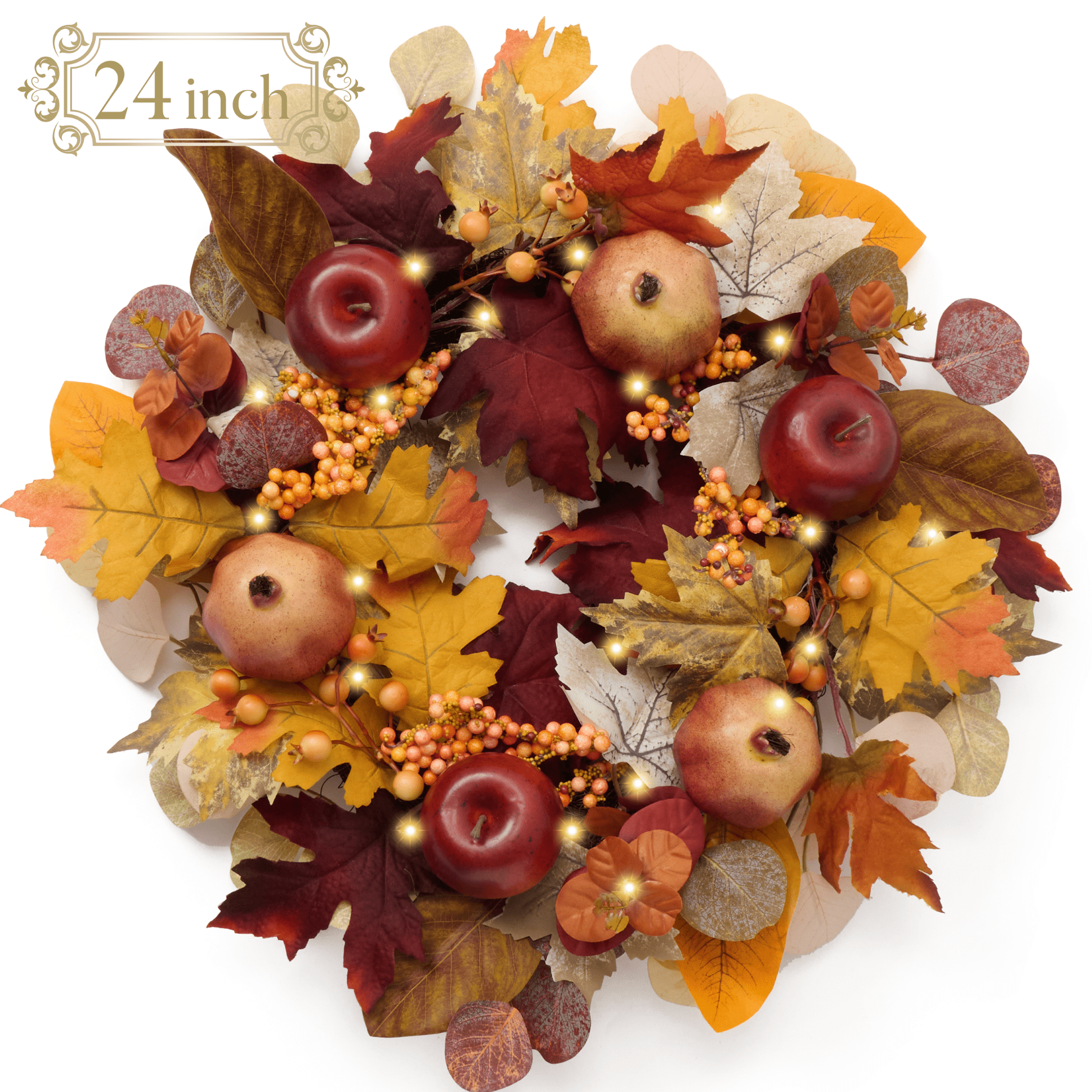 Valery Madelyn 24 Inches Pre-Lit Fall Wreath Lighted Thanksgiving Wreath with Pomegranate & Apple Fall Wreath for Front door Indoor Fireplace Farmhouse