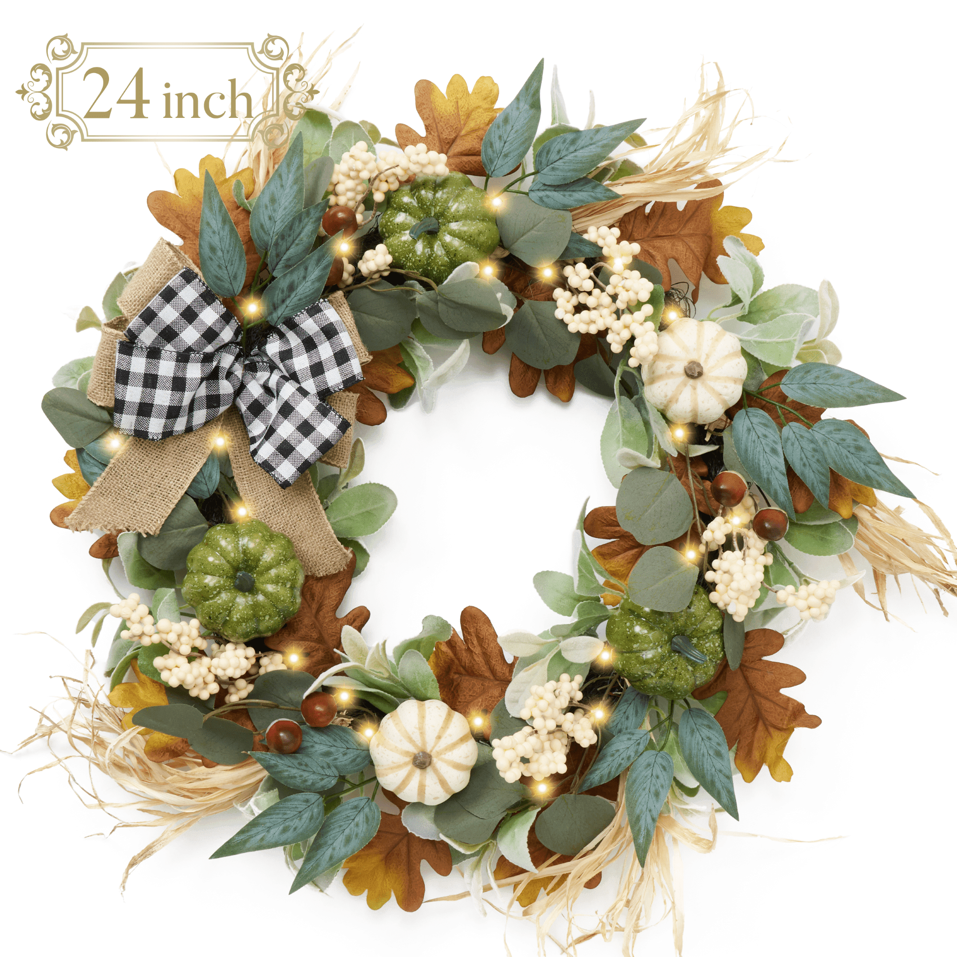 Valery Madelyn 24 inches Pre-Lit Fall Wreath Lighted White Green Thanksgiving Wreath with Pumpkin & Bow for Front Door Fireplace