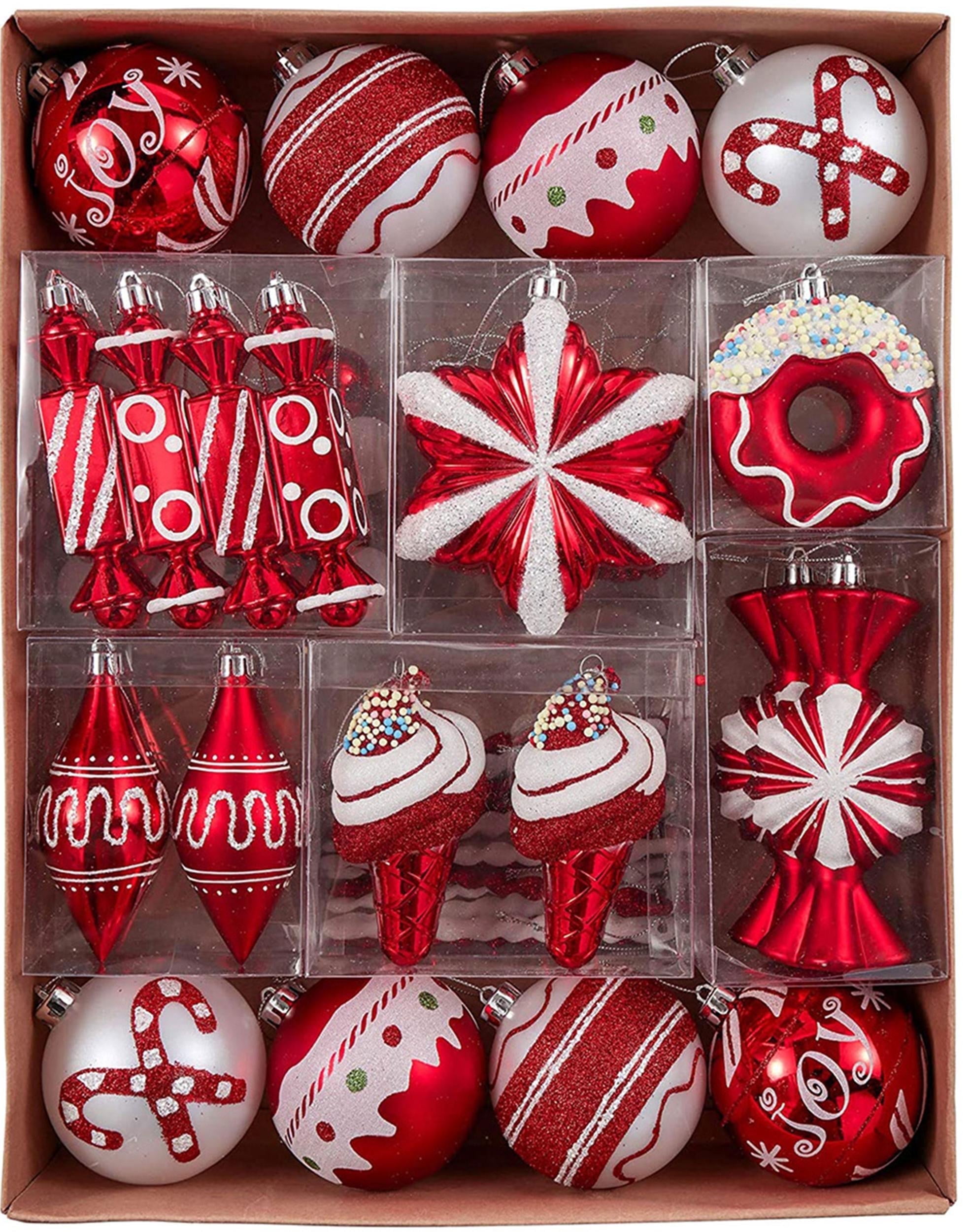 Valery Madelyn 60ct Christmas Ornaments, Shatterproof Candy Cane Red and White Holiday Tree Ornaments Set, Assorted Decorative Hanging Ball Ornaments Bulk for Family Christmas Decoration
