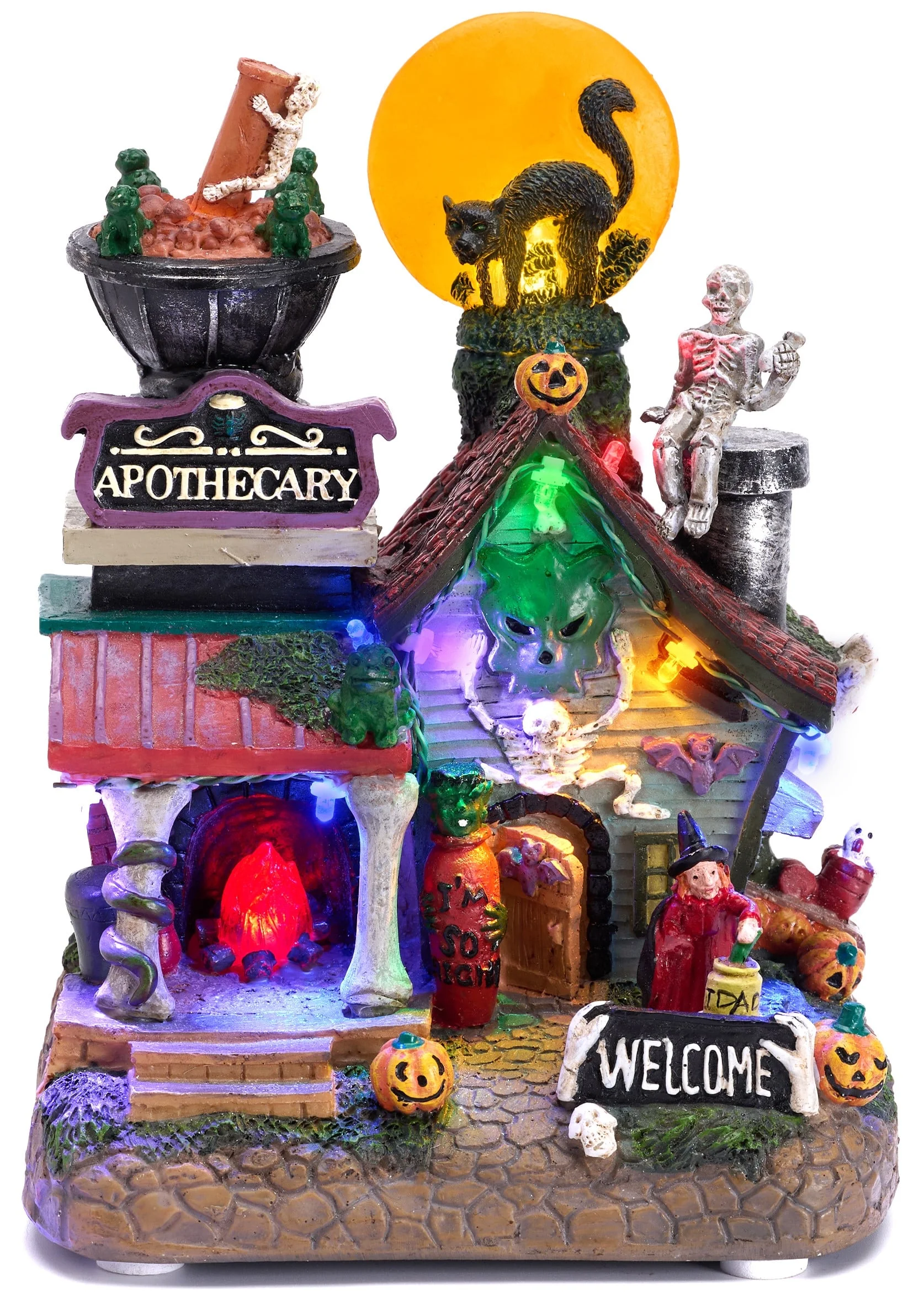 Valery Madelyn 8.08 inches Halloween Village Halloween Apothecary Haunted House Decoration with Black Cat, Skeleton, Pumpkins, Witch and Music, Lighted Halloween Village for Spooky Party Decor
