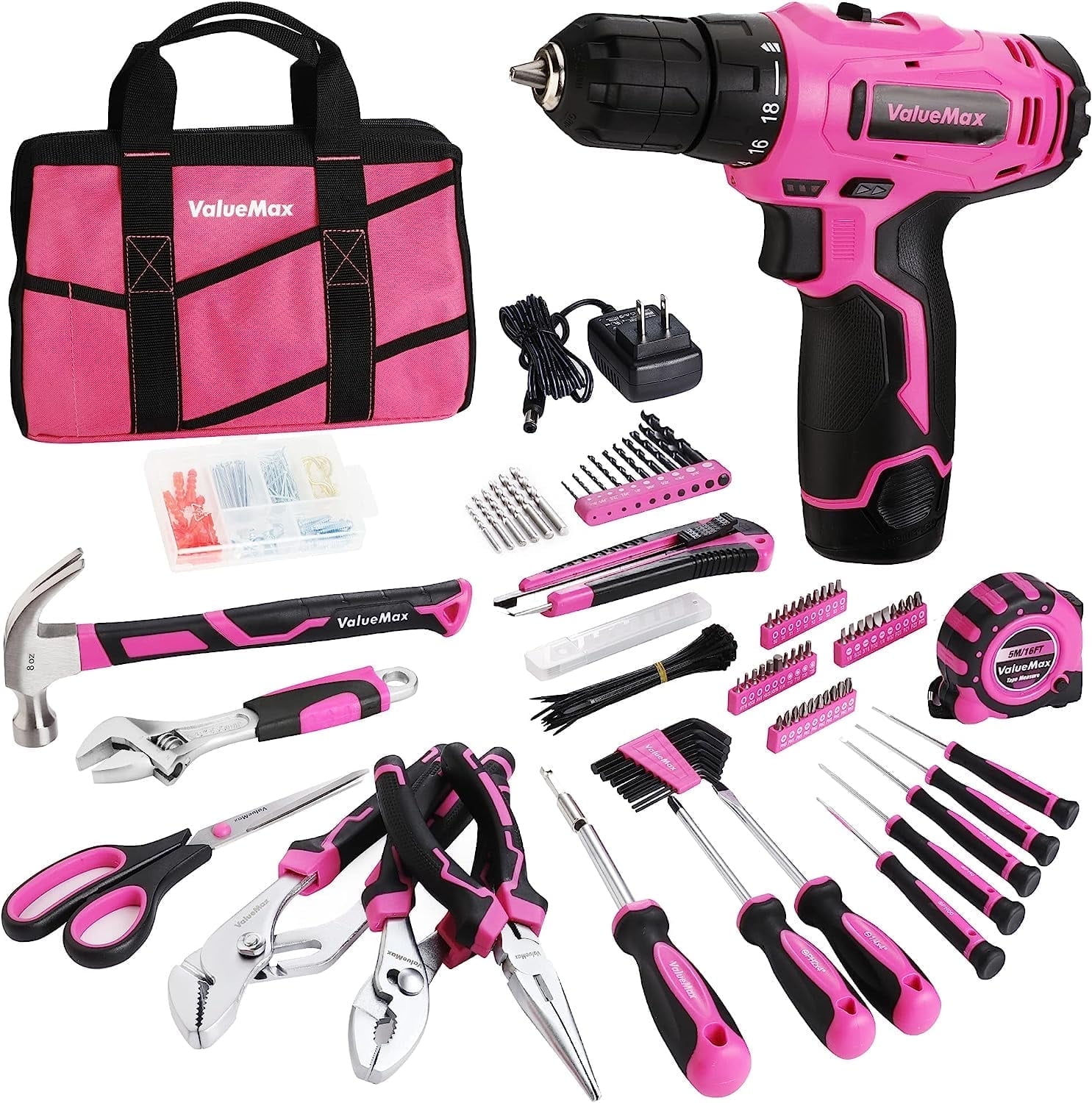 ValueMax 233-Piece Pink Home Tool Kit with Cordless Drill, Lithium-Ion Power Tools Set with Storage Bag, Ideal for DIY, Home Projects & Repairs