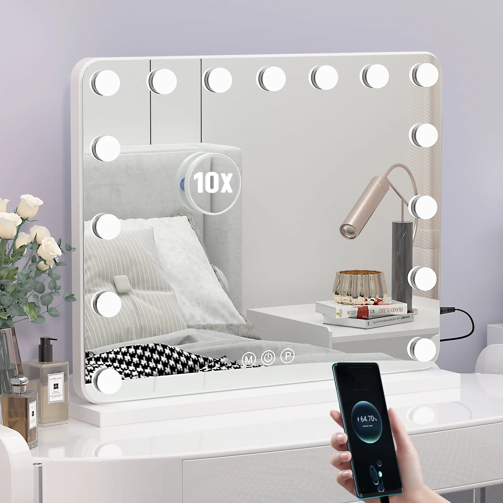 Vanity Mirror with Lights,22.8" x 18.8"Large Makeup Mirror with Lights & 10X Magnification , WLRETMCI Hollywood Vanity Mirror with 3 Modes Dimmable , Smart Touch, Tabletop Wall Mount