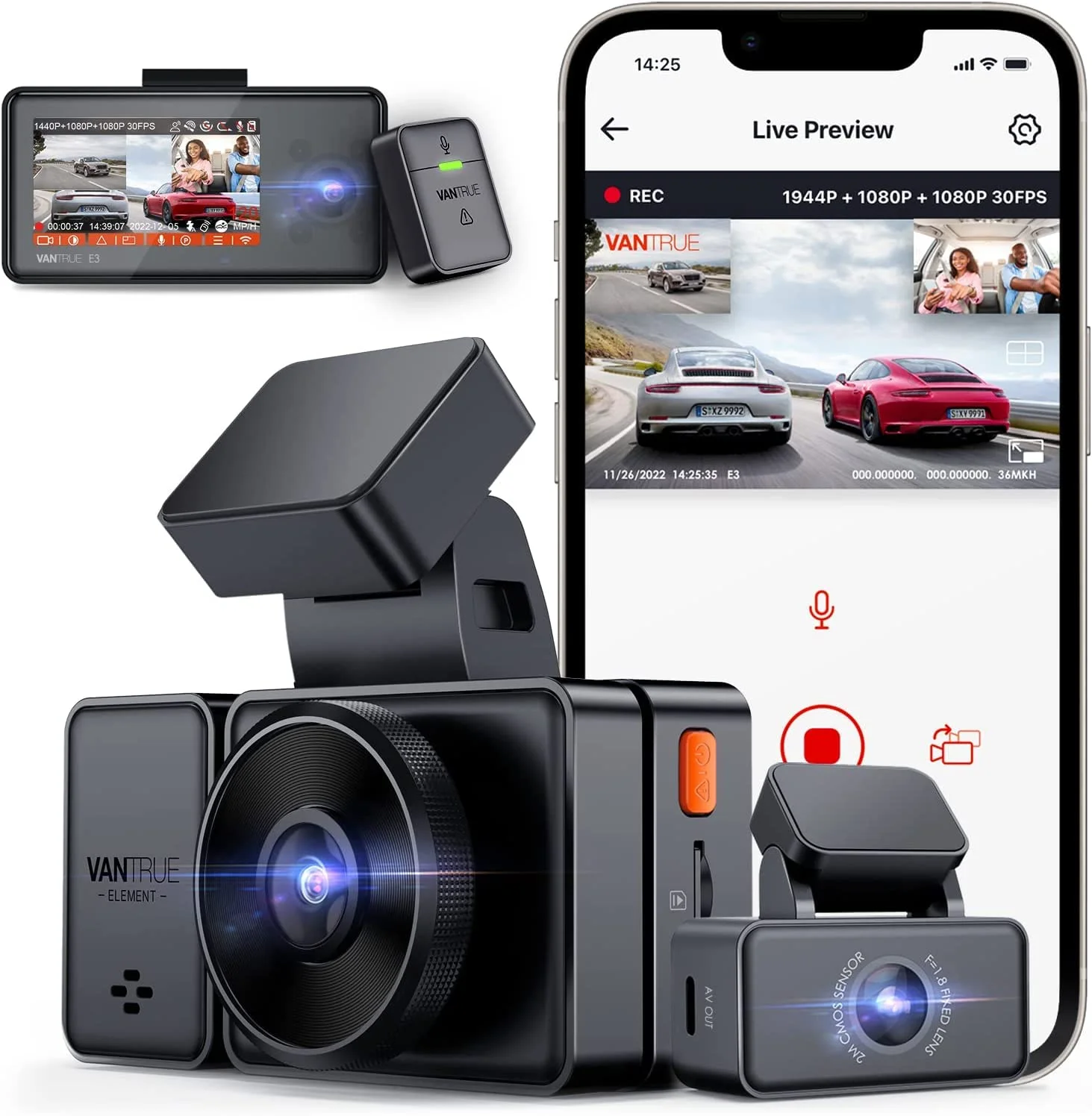 Vantrue E3 2.5K 3 Channel WiFi Dash Cam 1944P+1080P+1080P Front and Rear Inside 3 Way GPS Dash Camera for Car Voice Control IR Night Vision 24 Hrs Parking Mode Motion Detection
