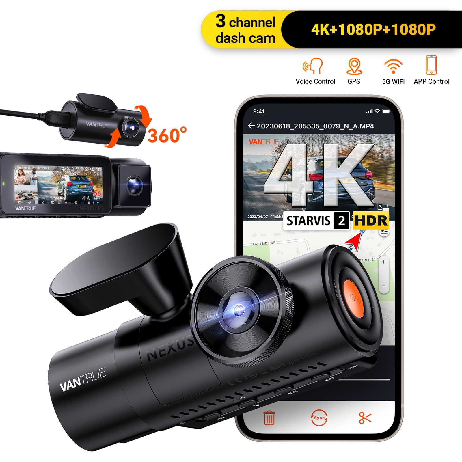 Vantrue Nexus 4 Pro 3 Channel 4K WiFi Dash Cam, STARVIS 2 IMX678 Night Vision, Voice Control, HDR, 24 Hours Parking Mode, Support 512GB Max
