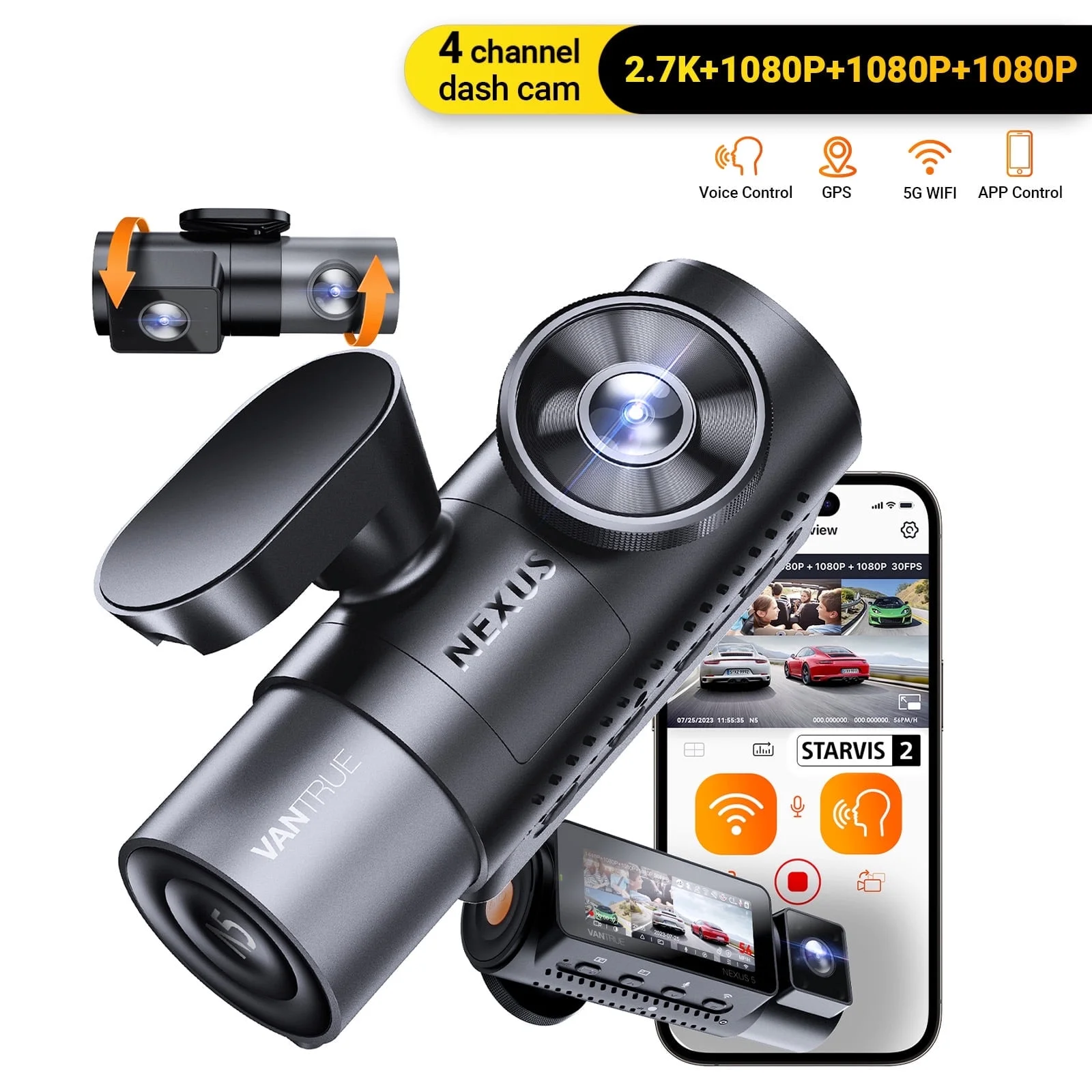 Vantrue 4 Channel WiFi Dash Cam, STARVIS 2 IR Night Vision, 2.7K+1080P*3 Front Rear Inside Dashcam, Voice Control, GPS, 24 Hours Buffered Parking Mode Dash Camera, Support 512GB Max