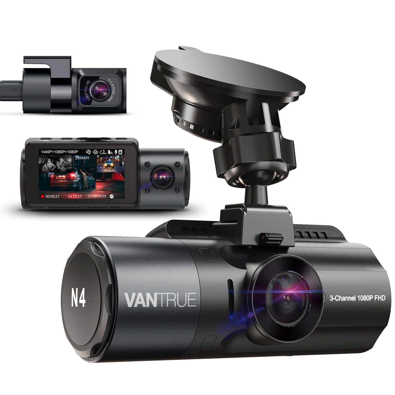 Vantrue Nexus 4 3 Channel 4K Dash Cam, 4K+1080P Front and Rear, 1440P+1440P Front and Inside, 1440P+1440P+1080P Three Way Triple Car Camera, IR Night Vision, 24 Hours Parking Mode, Support 512GB Max