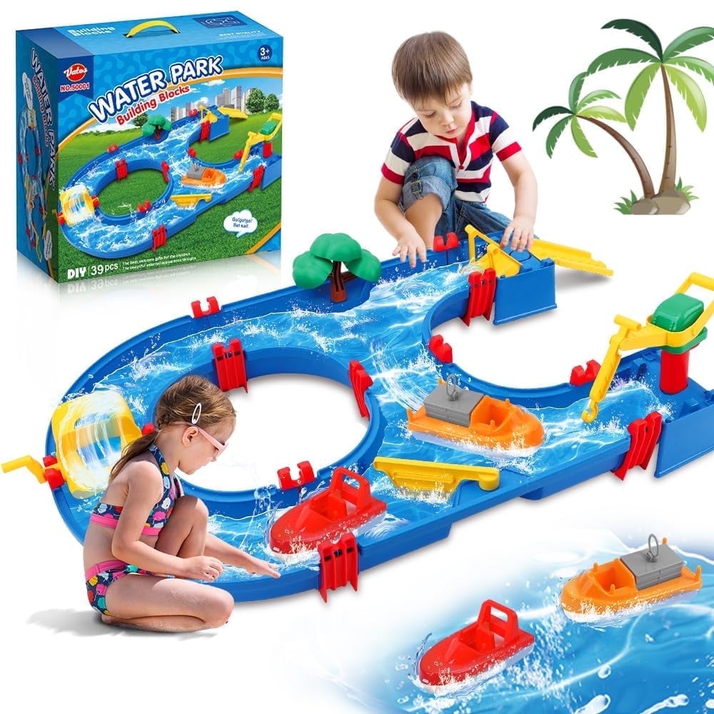 Vatos 39-Piece DIY Water Park Playset, Water Table for Kids Aged 3-7