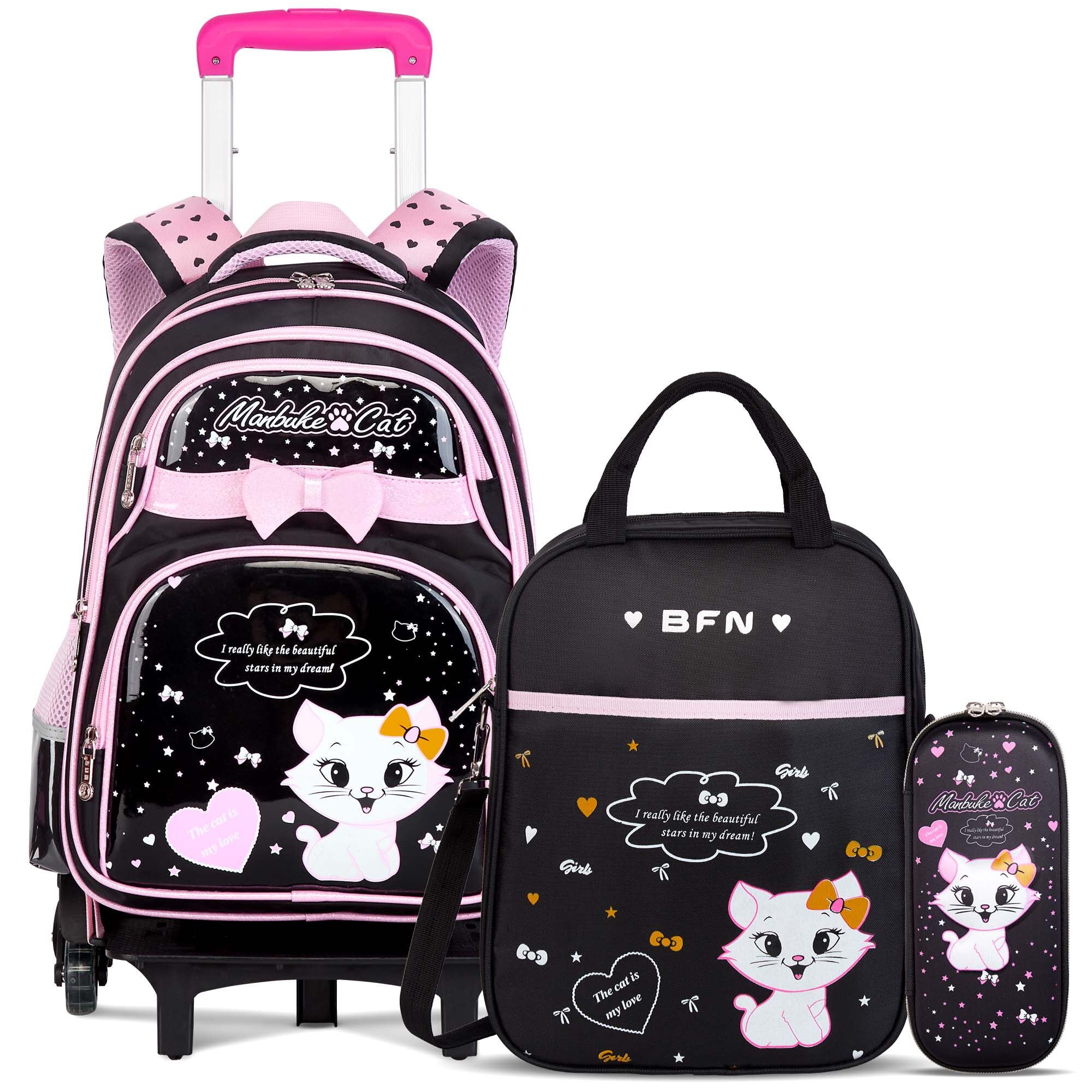 Vbiger Rolling Backpack 6-Wheel Kids Backpacks Black Waterproof School Bag with Lunch Bag & Pen Case