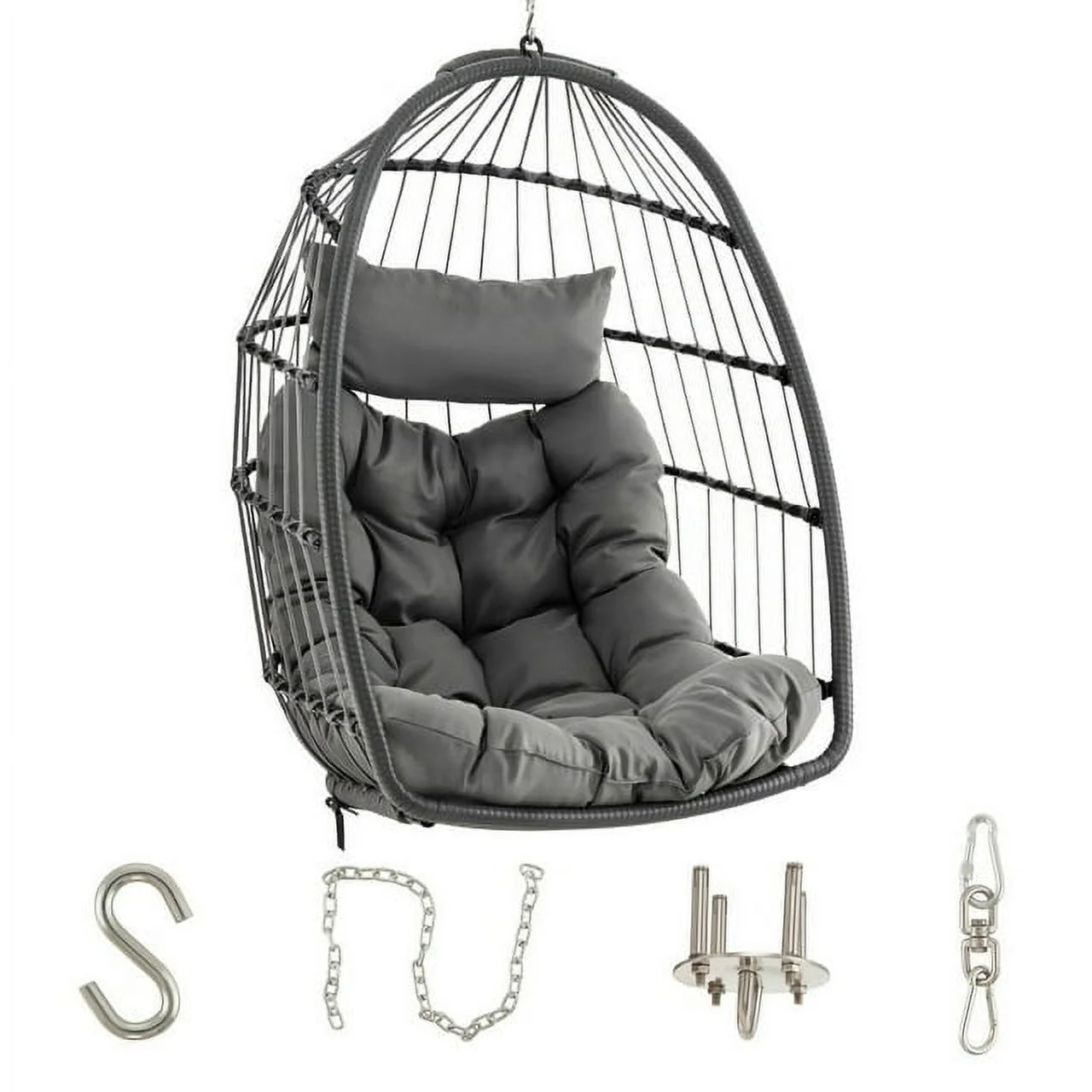 Vebreda Gray Wicker Hanging Swing Egg Chair - Outdoor Patio Seating with Cushion