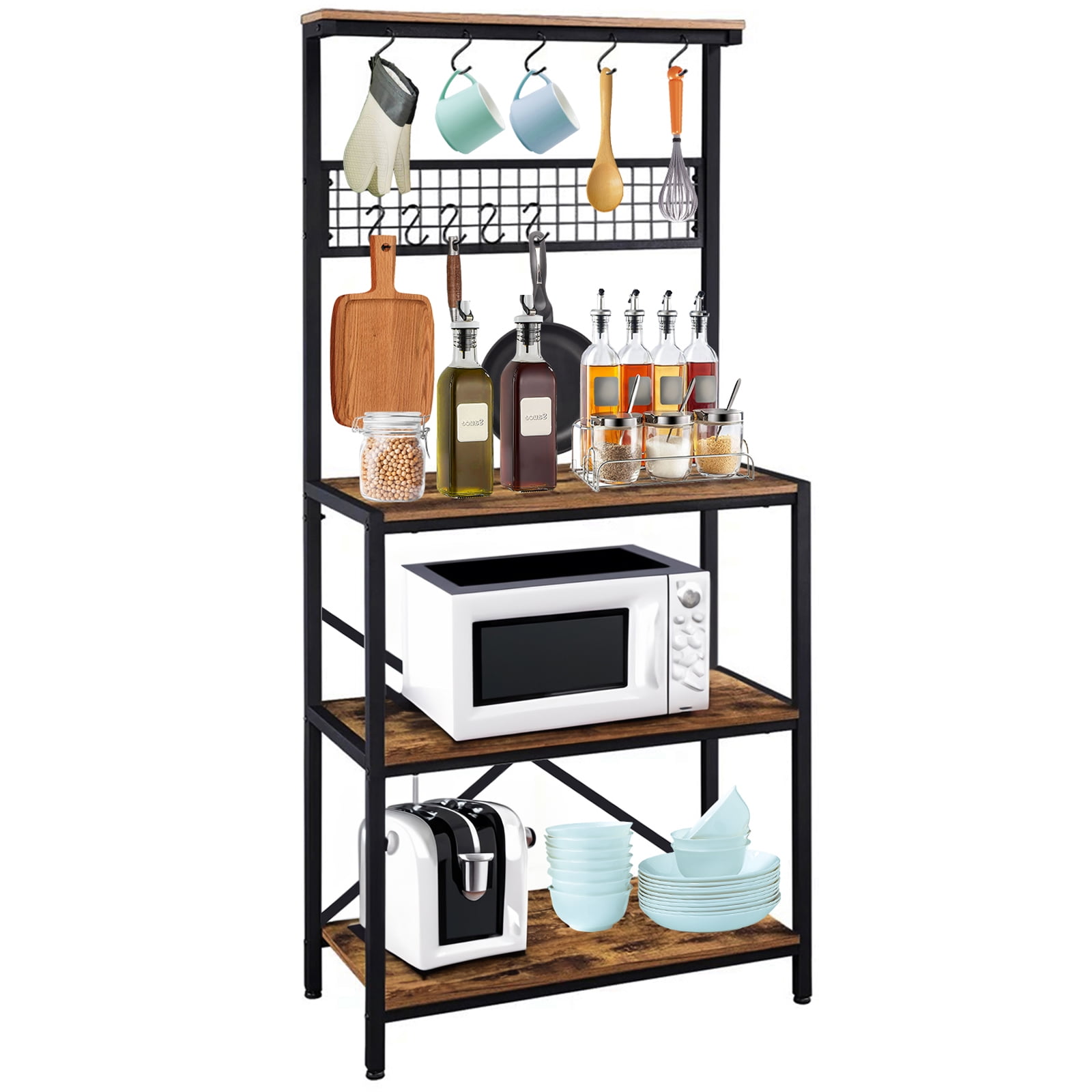 Vebreda Industrial Baker's 4-Tier Microwave Stand Rack, Particleboard, Steel Rustic Brown & Black