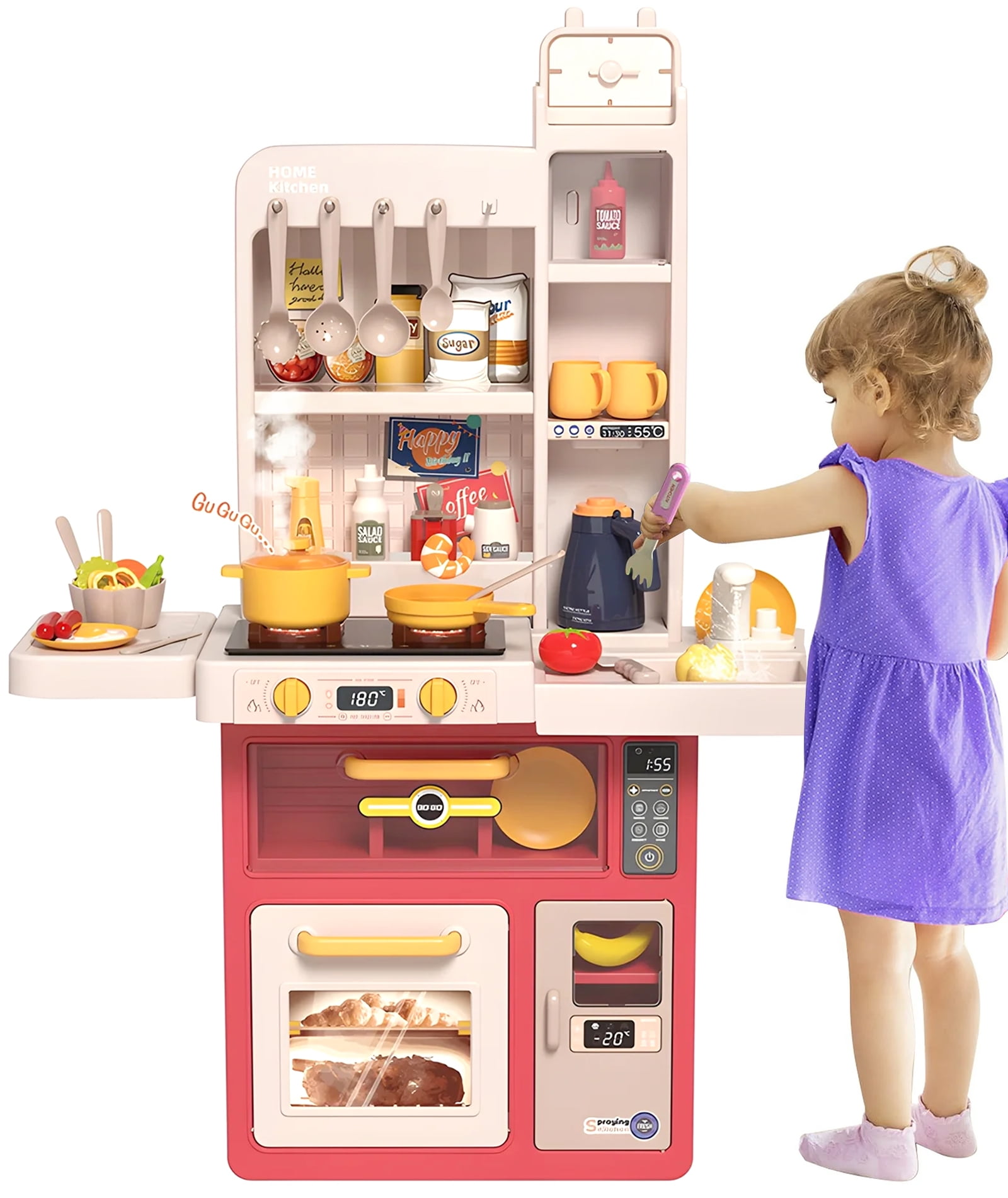 Vebreda Kids Kitchen Playset, Pretend Play Kitchen with Sounds and Lights, Cooking Stove Steam, Play Sink and Play Food, Toy Kitchen Set for Kids Toddlers, Pink