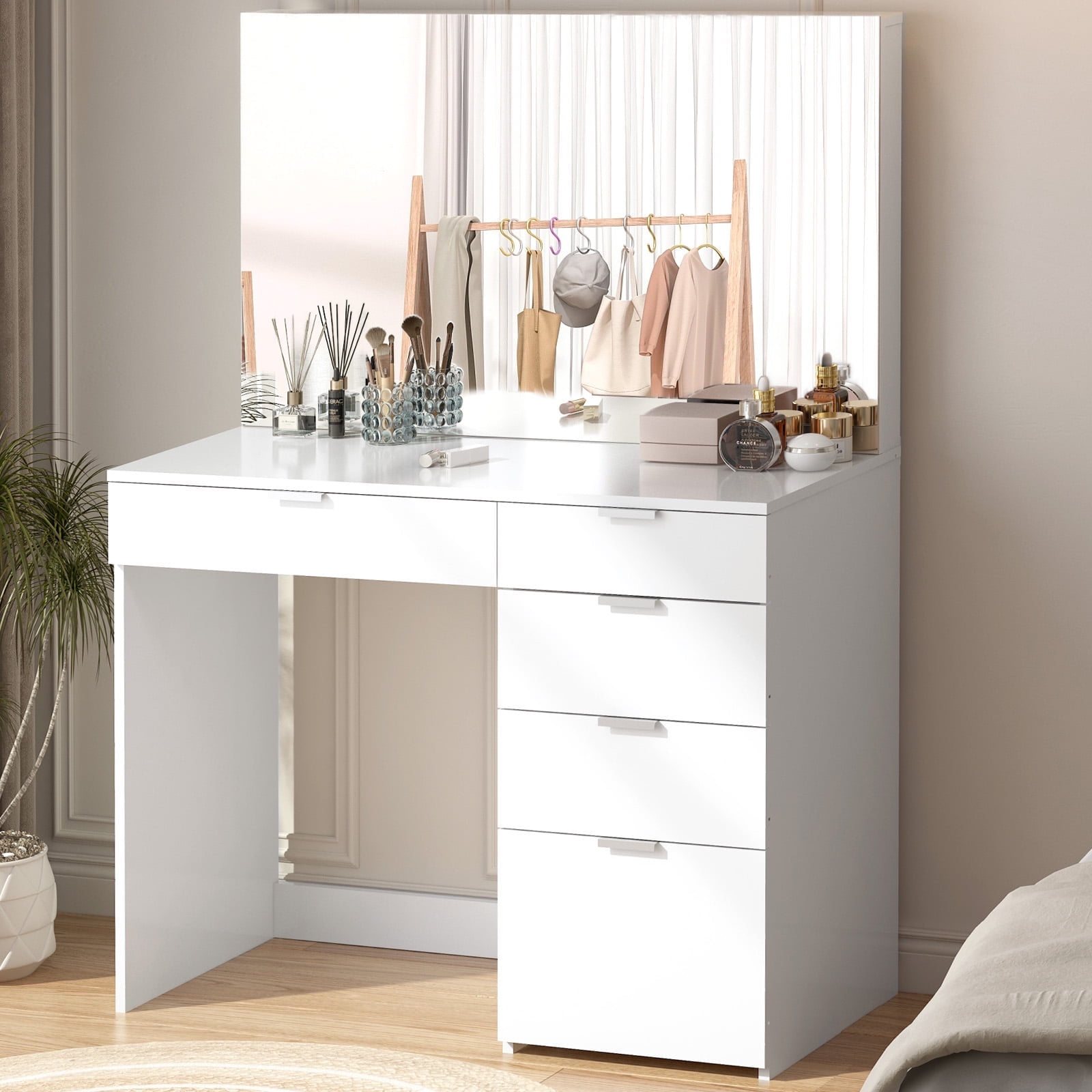 Vebreda Vanity Desk with Large Mirror and 5 Drawers for Bedroom, Dressing Room, White