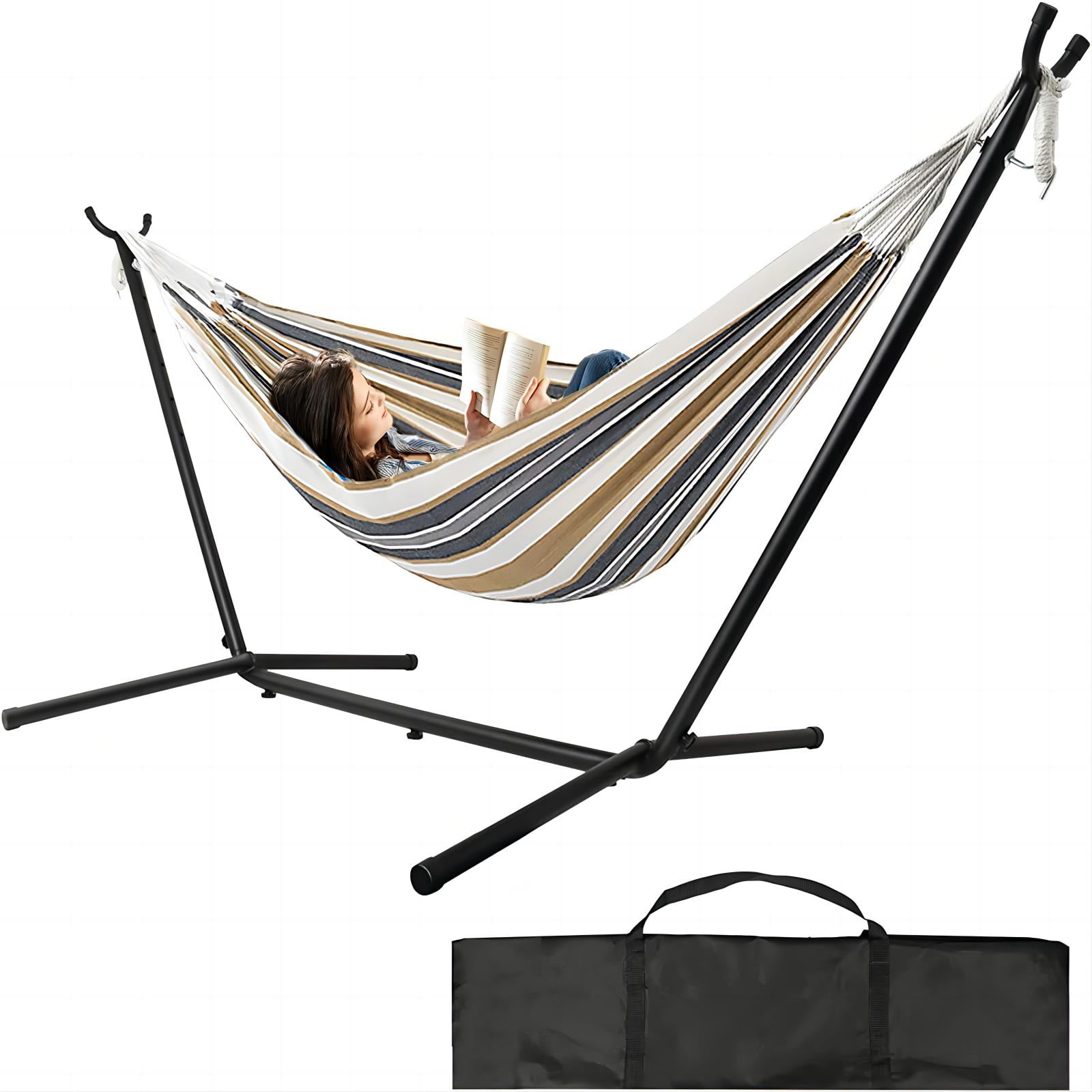 Vebreda 2-Person Brazilian-Style Cotton Double Hammock with Stand Set w/ Carrying Bag - Brown