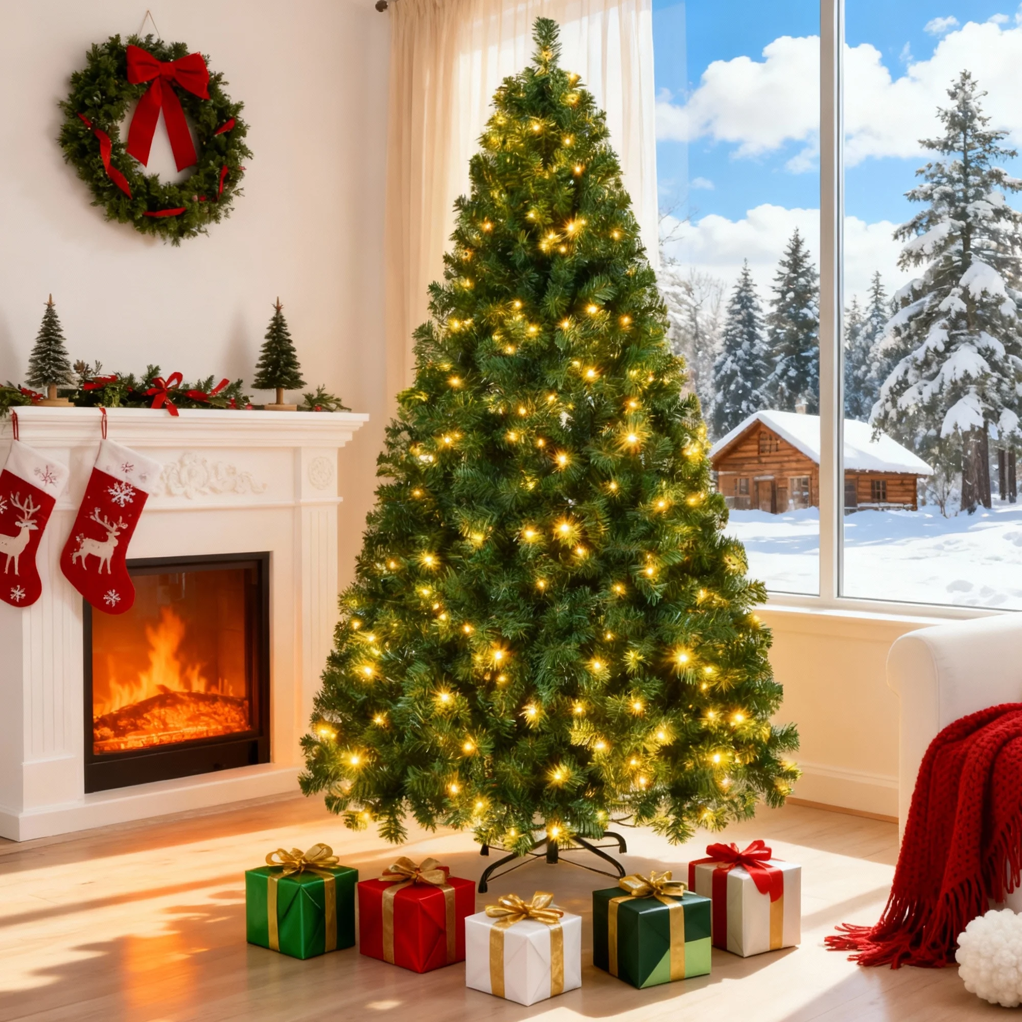 Vebreda 7.5FT Pre-Lit Artificial Christmas Tree with 400 Warm White LED Lights, Hinged Branch Design, Eco-Friendly PVC Needles & Foldable Metal Stand for Home, Office & Holiday Décor