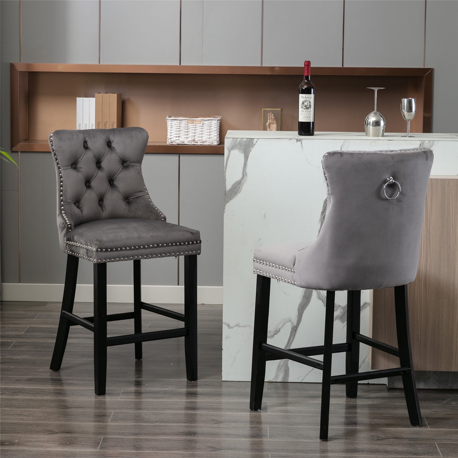 Velvet Counter Height Chairs Set of 2, 27'' Modern Button Tufted Bar Stools with Back and Footrest, Velvet Upholstered Bar Chair with Nail Head Trim and Pull Ring for Kitchen, Home Bar, Gray