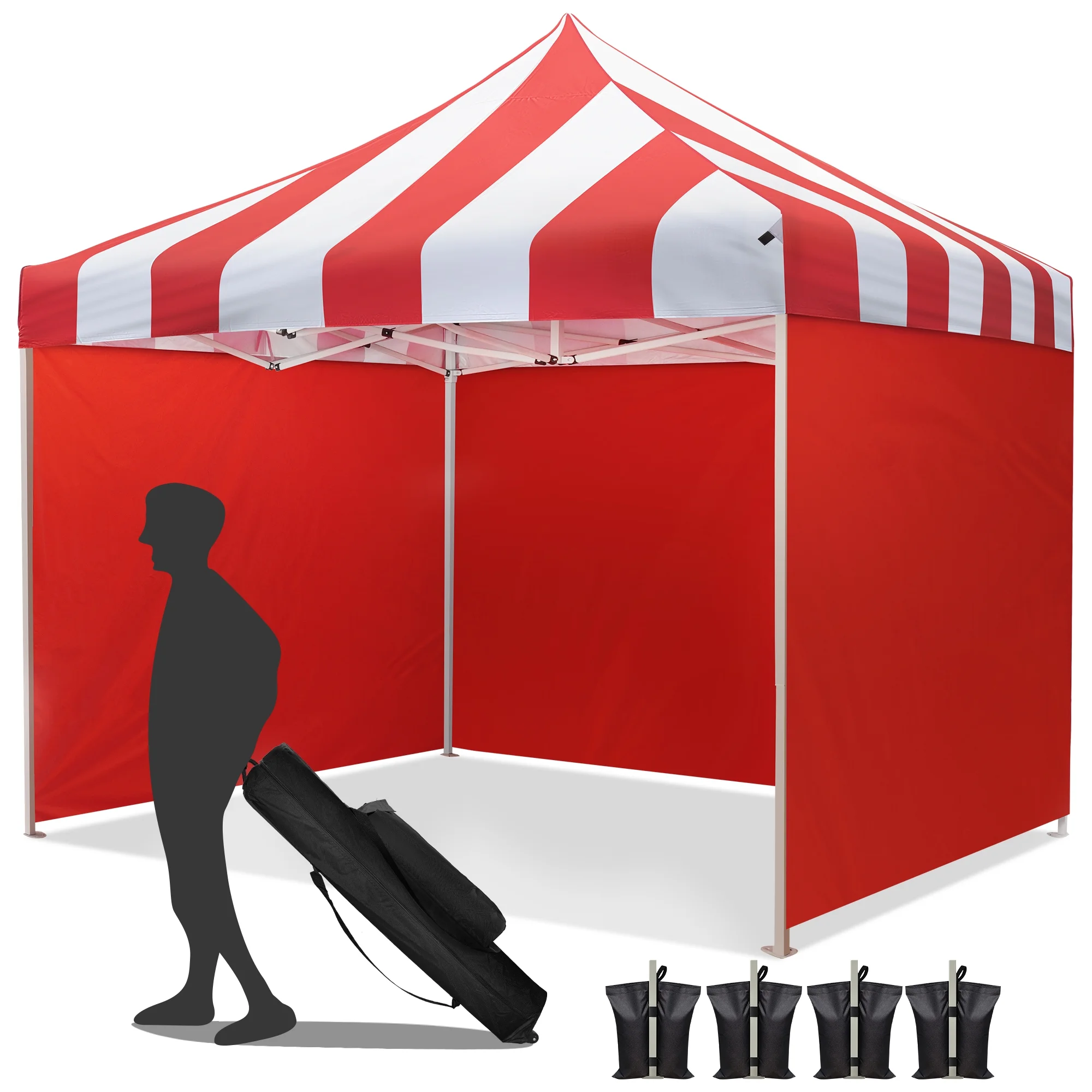 VentuLodge 10x10 Pop-Up Canopy Tent, Commercial Grade Heavy Duty Canopy with Striped Top and Sidewalls, Red
