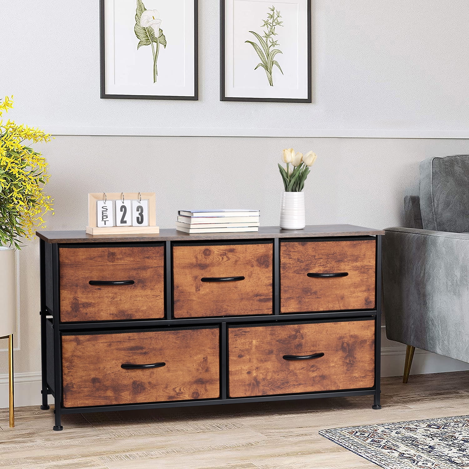 Vesteel 5 Drawers Dresser, Wide Chest of Drawers Fabric Dresser with Wood Top and Sturdy Steel Frame, Storage Organizer Unit for Closet, Living Room, Hallway - Rustic Brown