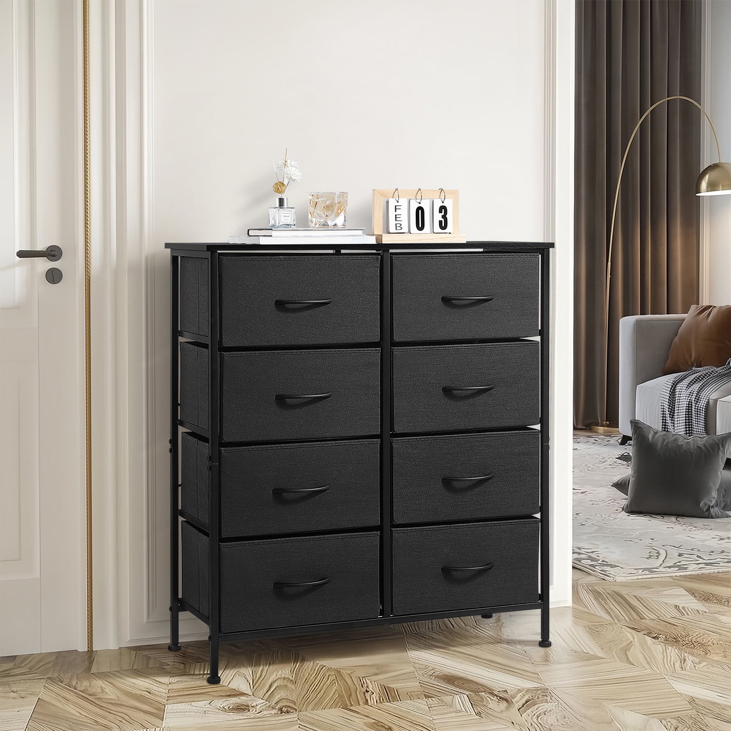 Vesteel 8 Drawers Dresser for Bedroom, Double Dresser Tall Storage Tower with Fabric Bins, Chest of Drawers for Closet, Living Room, Hallway, Black