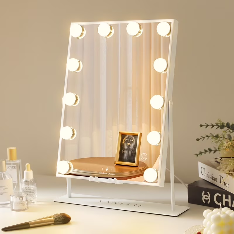 VANITII LLC VANITII Hollywood Vanity Makeup Mirror with 12 LED Bulbs Wireless Charging Bluetooth Metal White