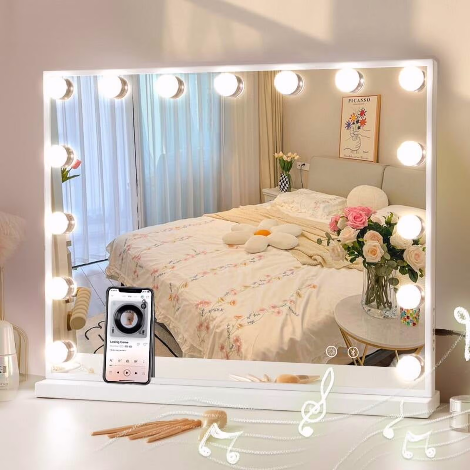 VANITII LLC VANITII Large Hollywood Vanity Makeup Mirror with 15 LED Bulbs 3 Color Lights Bluetooth Tabletop Wall Mount Metal White