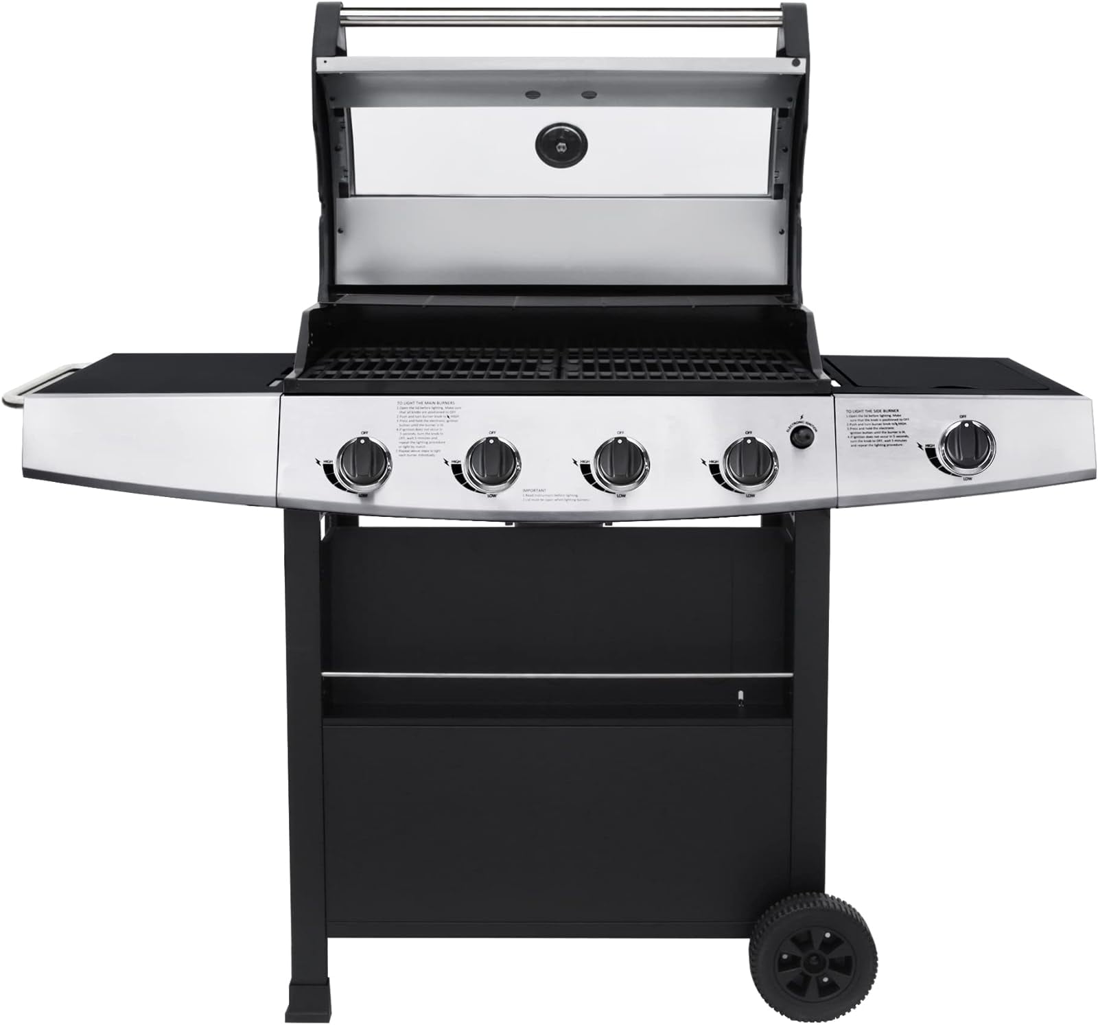VANSTON 4-Burner Propane Gas Grill with Side Burner, Stainless Steel 60,000 BTU Cart Style Outdoor BBQ Grill, Black