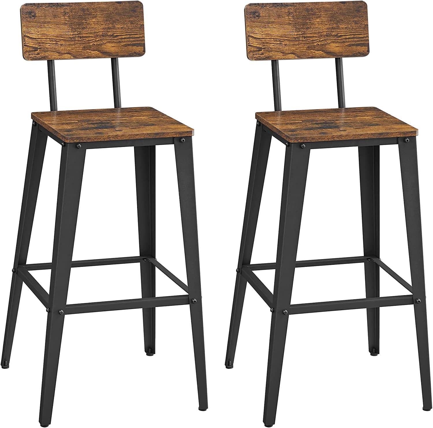 VASAGLE Bar Height Stool Tall Backrest Bar Stool, Rustic Brown & Black (Set of 2)