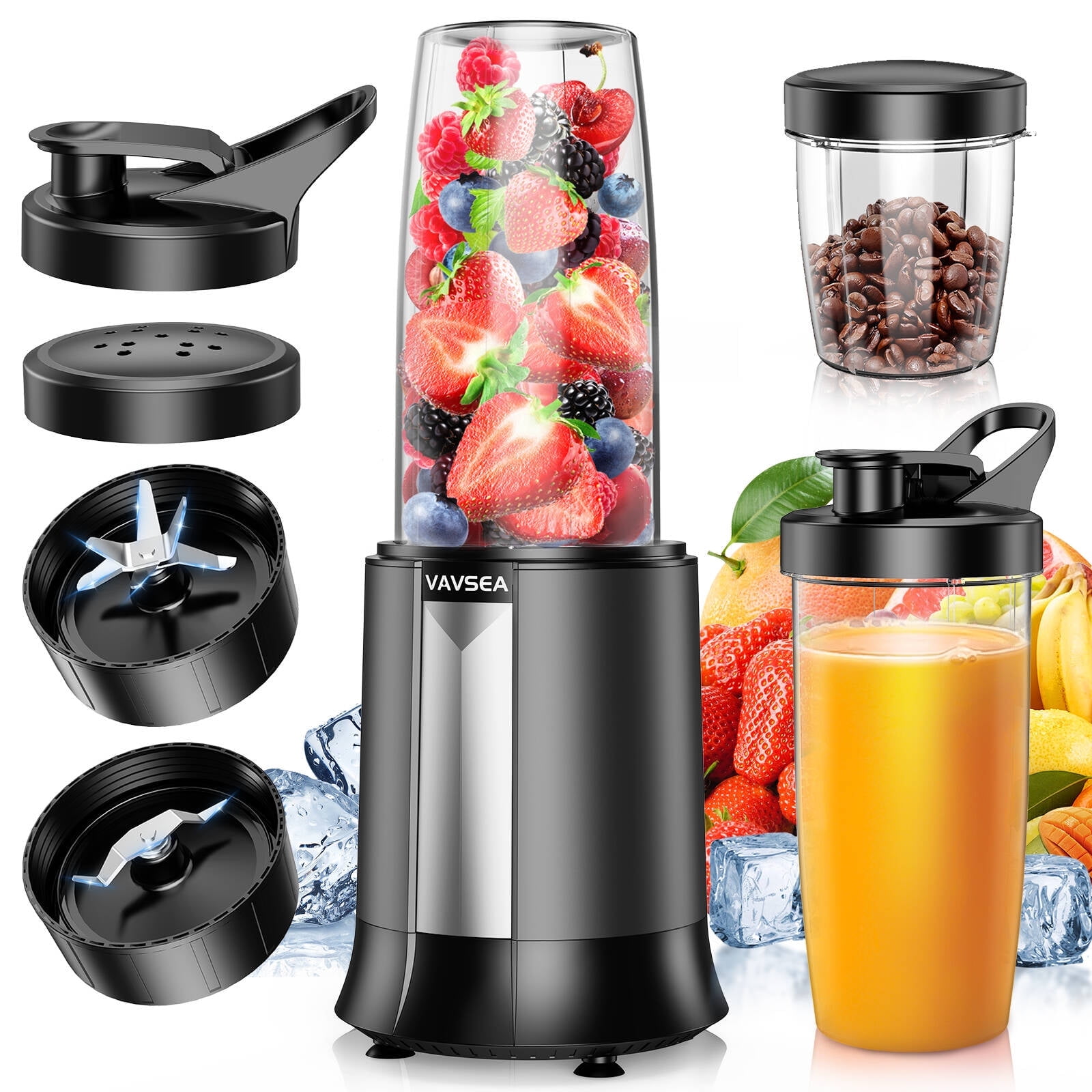 VAVSEA 1200W Smoothie Blender, 3 Modes Blender for Kitchen with 2x27 oz To-Go Cups & 1 Coffee Grinder, Personal Blenders for Ice Crush Frozen Drinks, Non-BPA