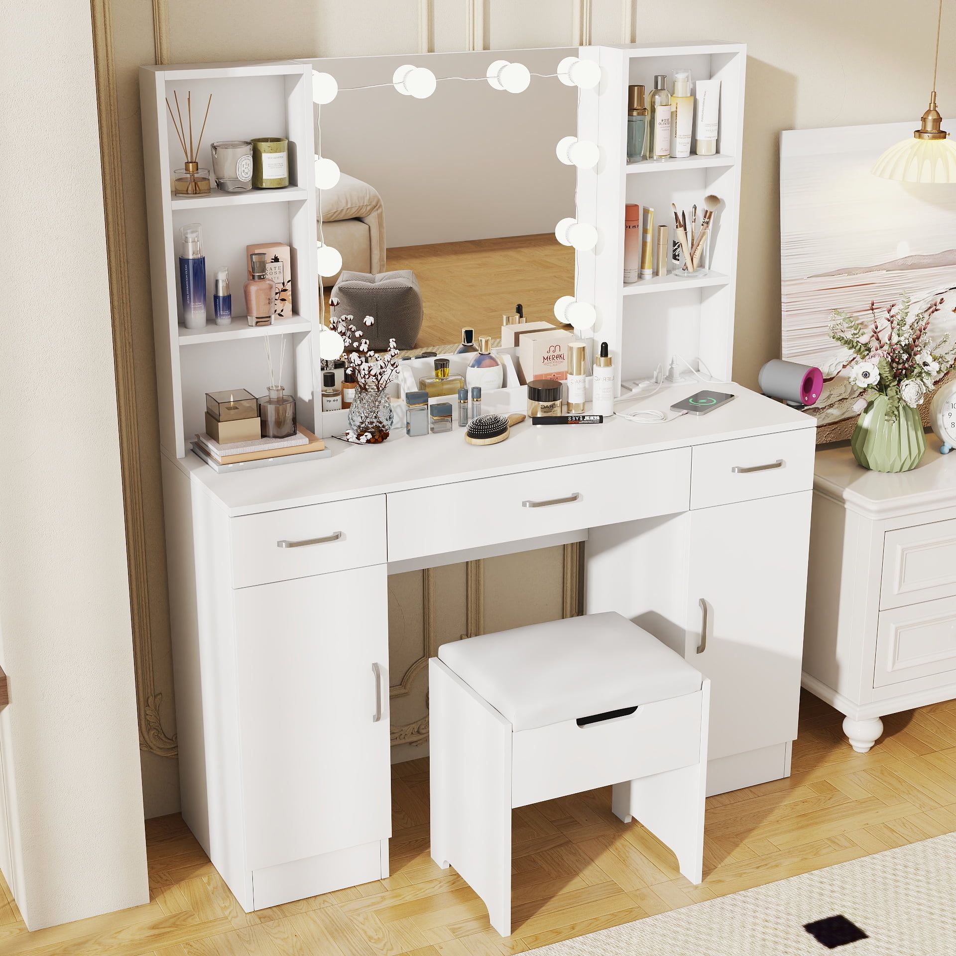 VEANERWOOD Large Makeup Vanity with Lights, Bedroom Vanity Table with Charging Station, Modern Dressing Table, 45.2in, White