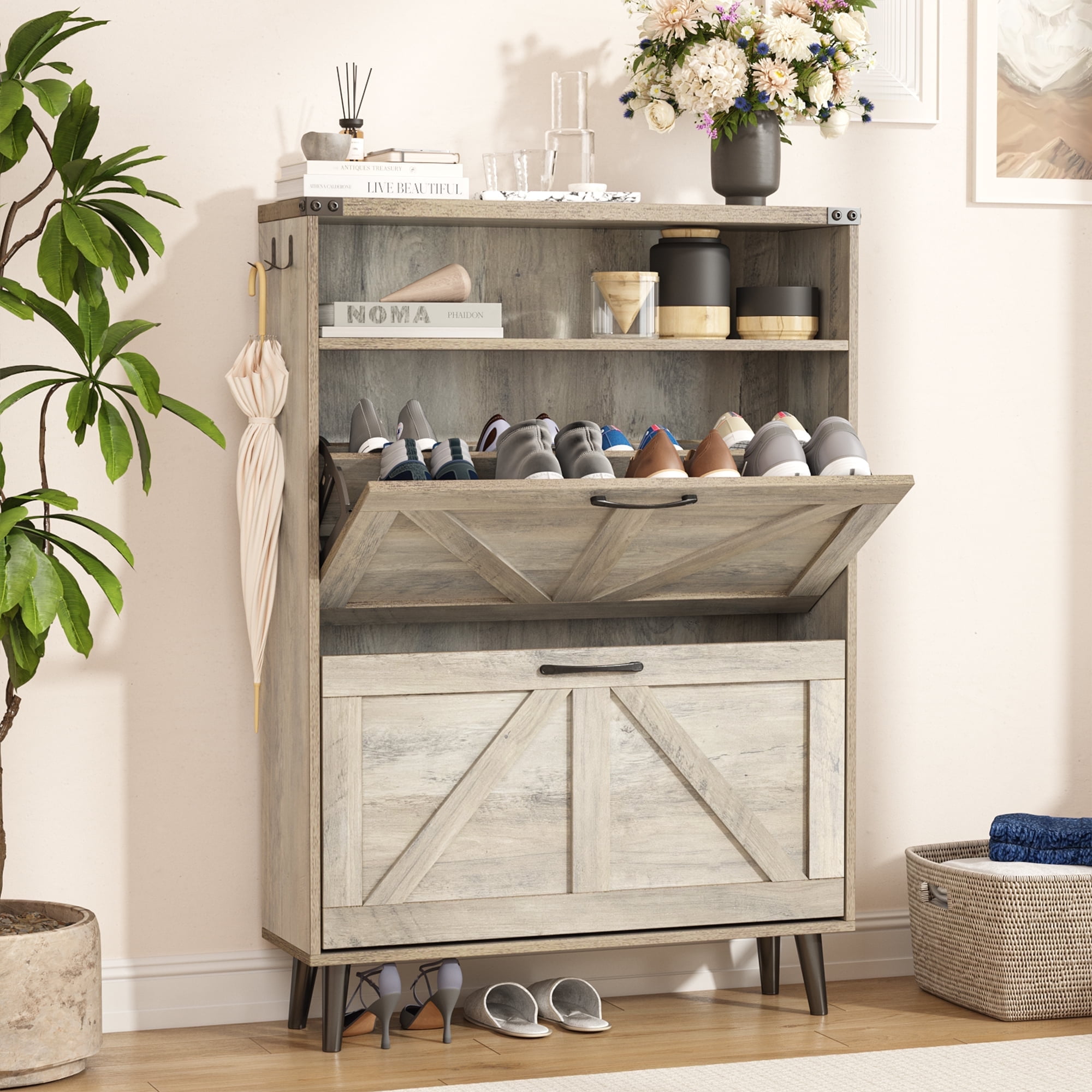 Veanerwood Shoe Cabinet with 2 Flip Drawers Farmhouse Shoe Storage Cabinet Organizer for Entryway, Gray