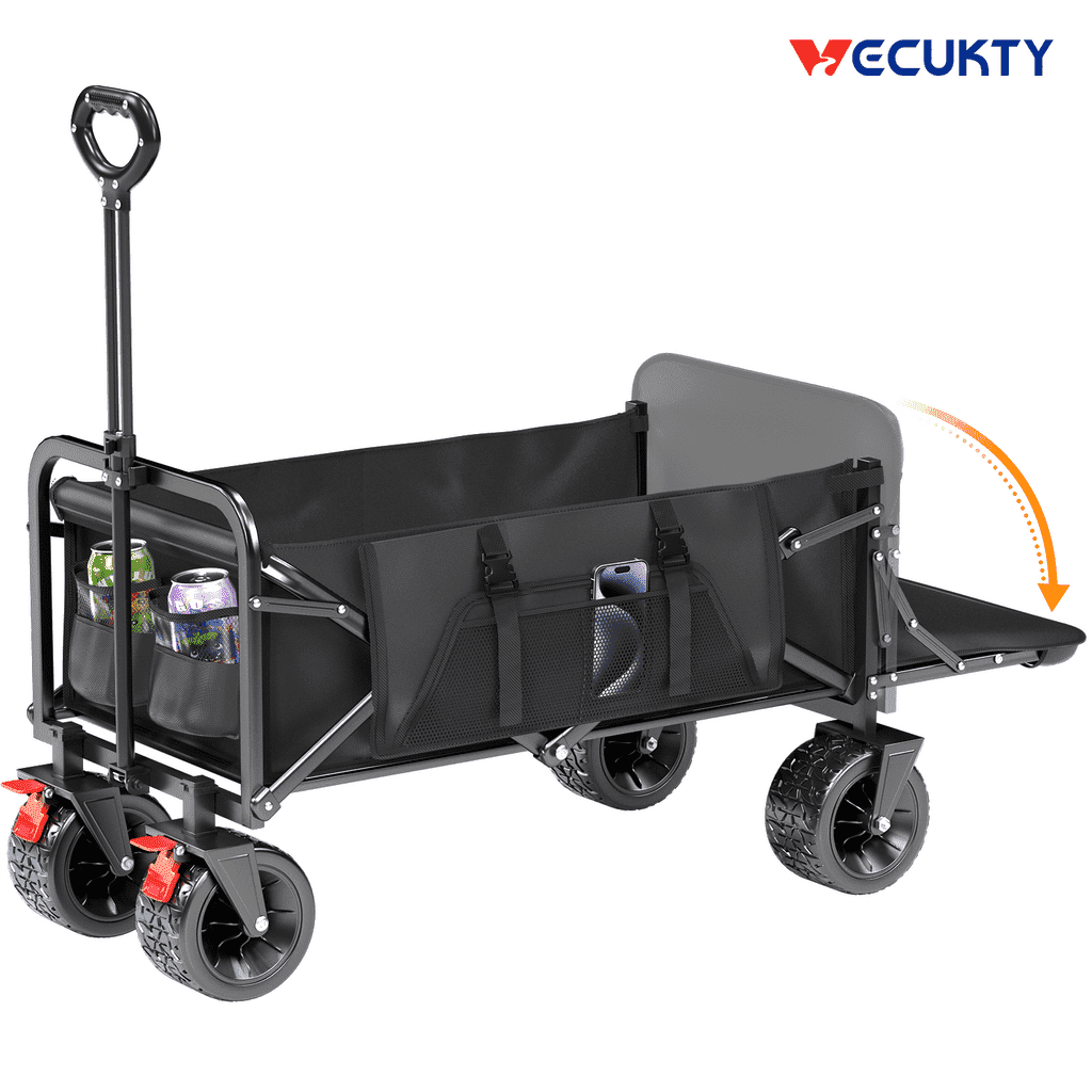 Vecukty Collapsible Camping Garden Wagon, All-Terrain Tank Wheels for Camping With Extended Tailgate, Sports, Shopping, Beach, Support Up to 330lbs, Black