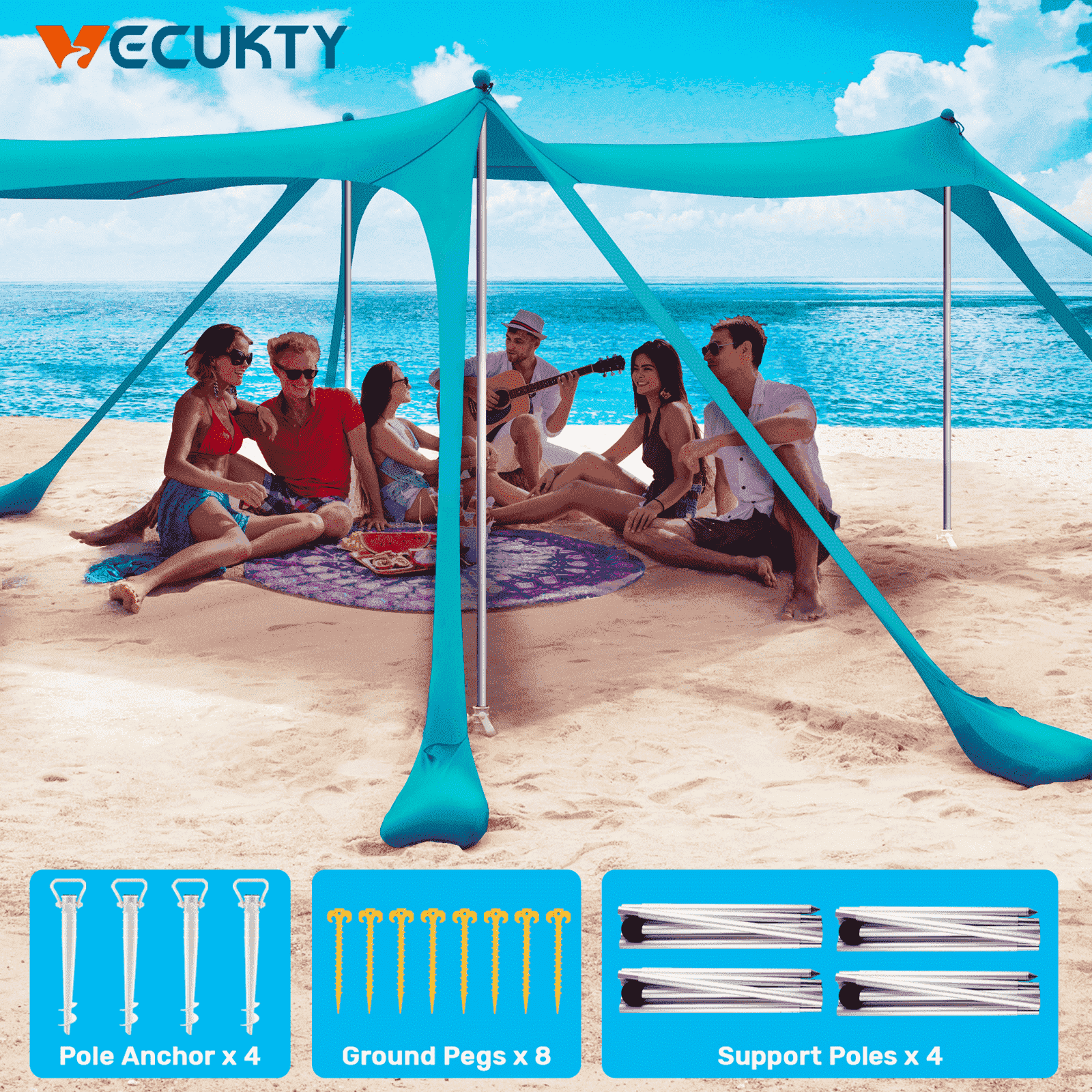 VECUKTY Beach Tent Sun Shelter 10 x 10FT with 8 Sandbags, UPF 50+ Protection Beach Shade Canopy, Outdoor Pop Up Shade Tent Turquoise