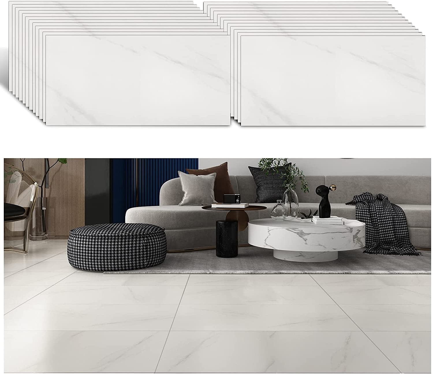 VEELIKE 24Pcs White Peel and Stick Floor Tiles 12"x24" Marble Stick on Floor Tiles Self Adhesive Vinyl Flooring Waterproof Bathroom Floor Tiles Removable Tile Stickers for Bedroom Kitchen Living Room
