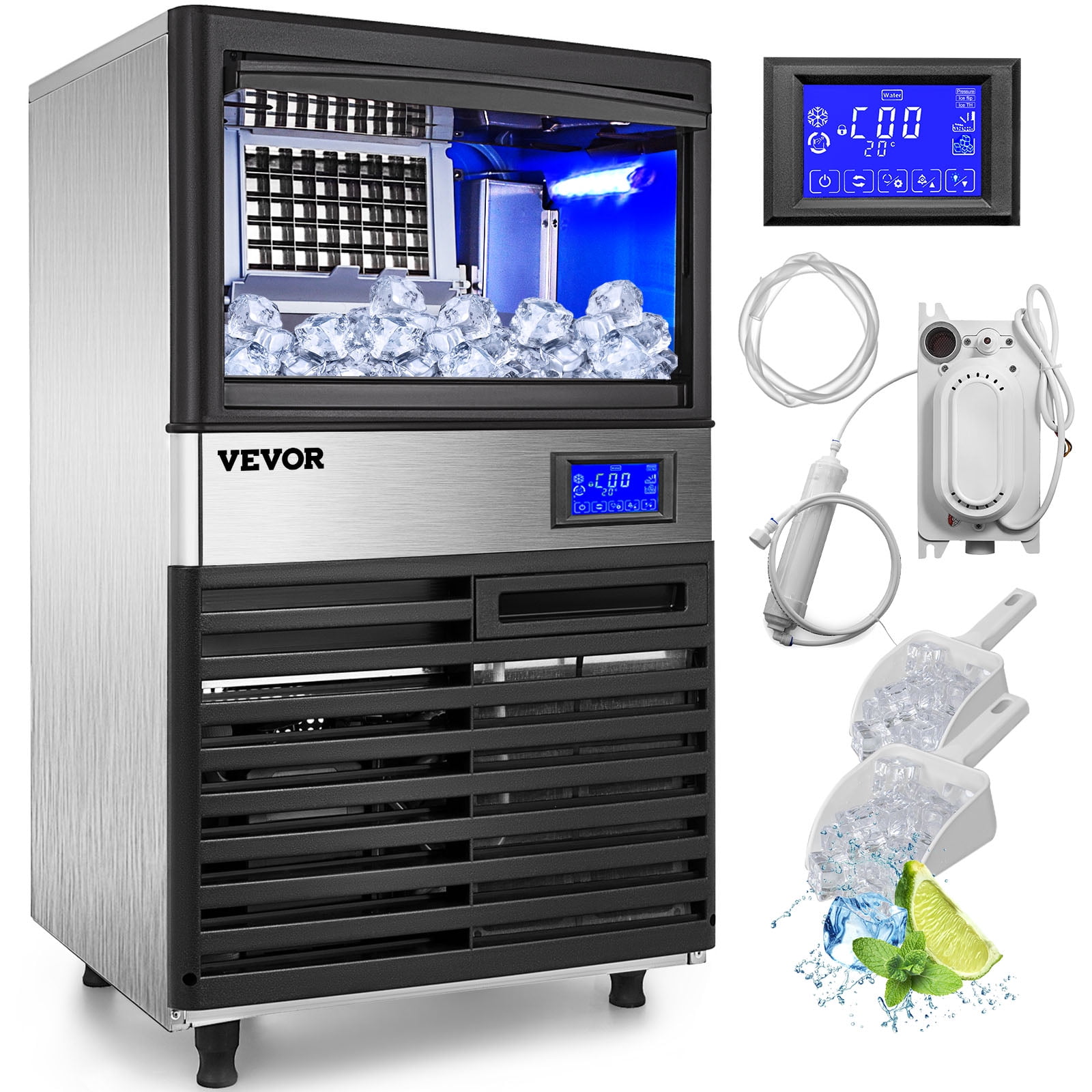 VEVOR Commercial ice Maker 155lbs/24h with 44lbs Bin and Electric Water Drain Pump, Full Clear Cube, Stainless Steel, Auto Operation